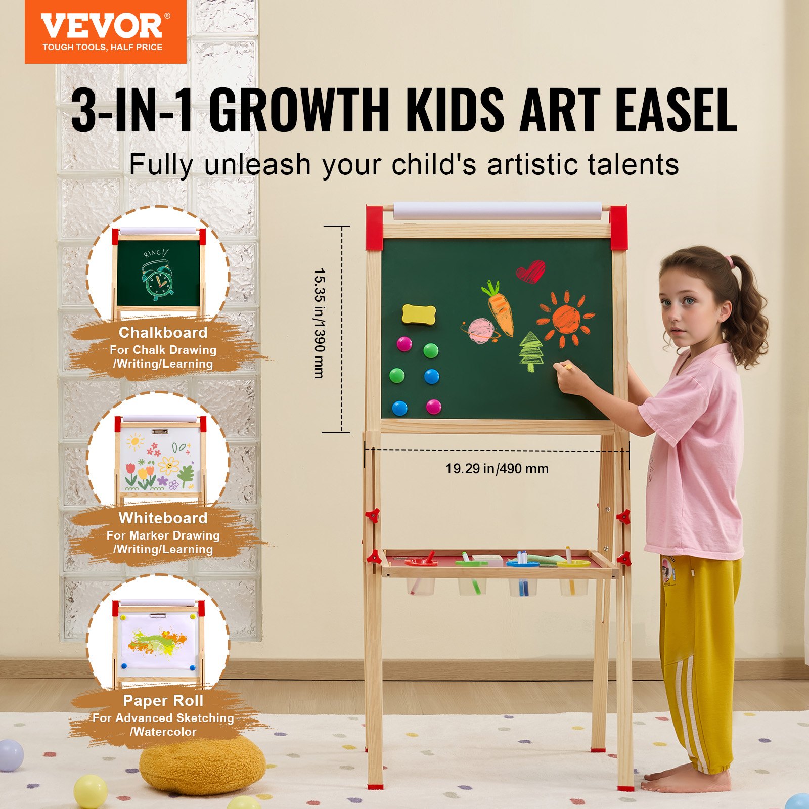 VEVOR Art Easel for Kids, 3-in-1 Wooden Double-Sided Kid's Art Easel with Magnetic Whiteboard, Chalkboard & Paper Roll, Adjustable Standing Drawing Board with Painting Accessories for Boys and Girls