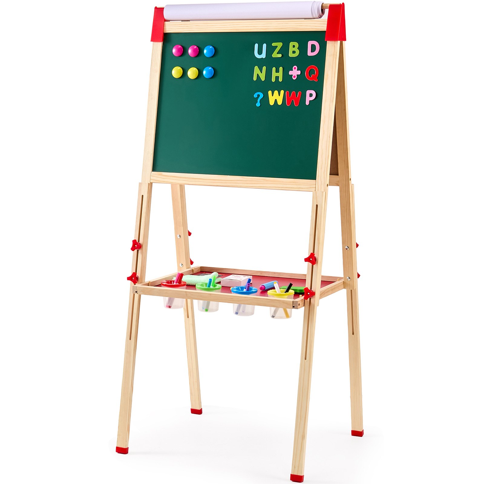 VEVOR Art Easel for Kids, 3-in-1 Wooden Double-Sided Kid's Art Easel with Magnetic Whiteboard, Chalkboard & Paper Roll, Adjustable Standing Drawing Board with Painting Accessories for Boys and Girls