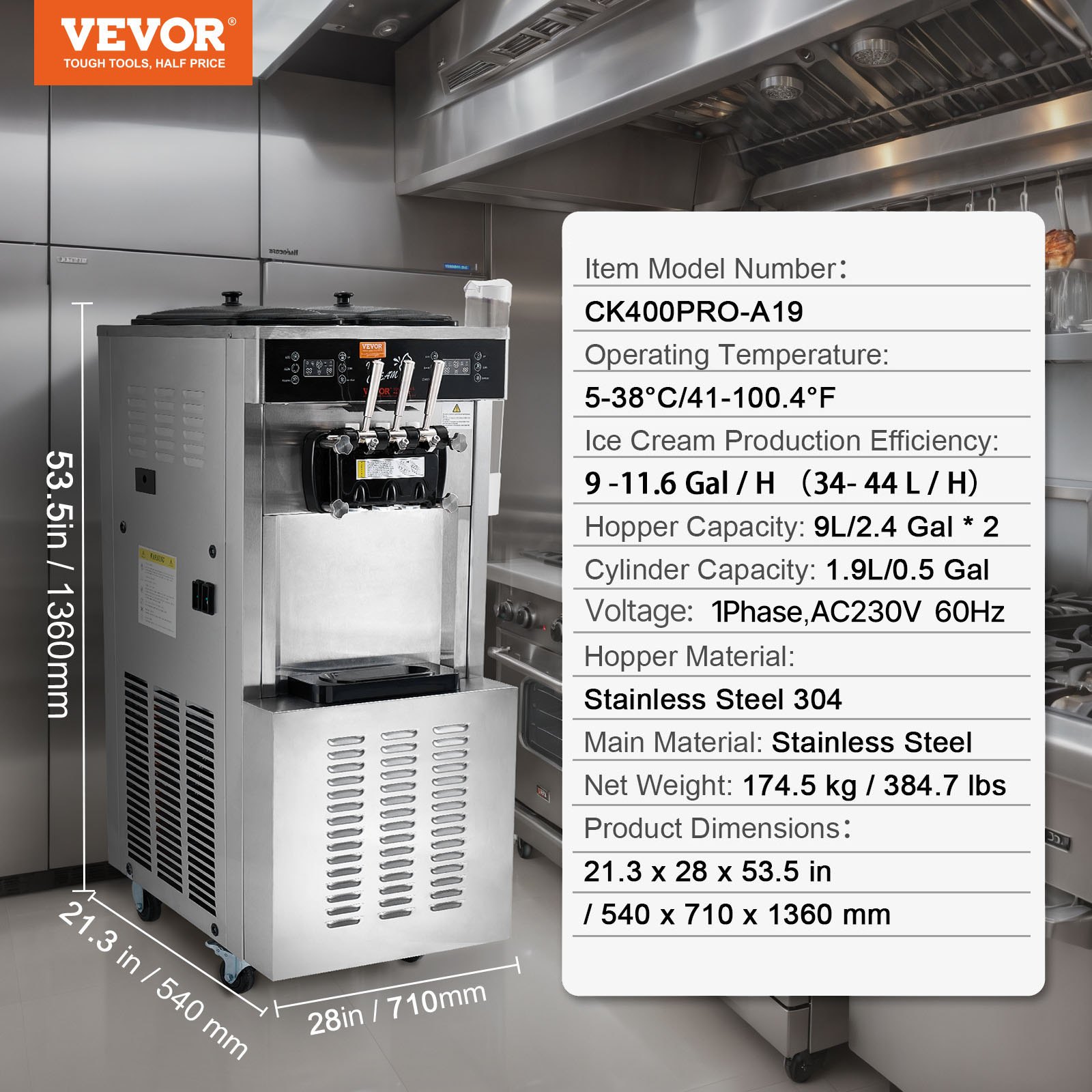 VEVOR commerciële ijsmachine, 34-44 l/u output, 1850 W, vrijstaande softijsmachine met 3 smaken, 2 x 9 l roestvrijstalen containers, LED-paneel, gebruik met één cilinder en nachtkoeling