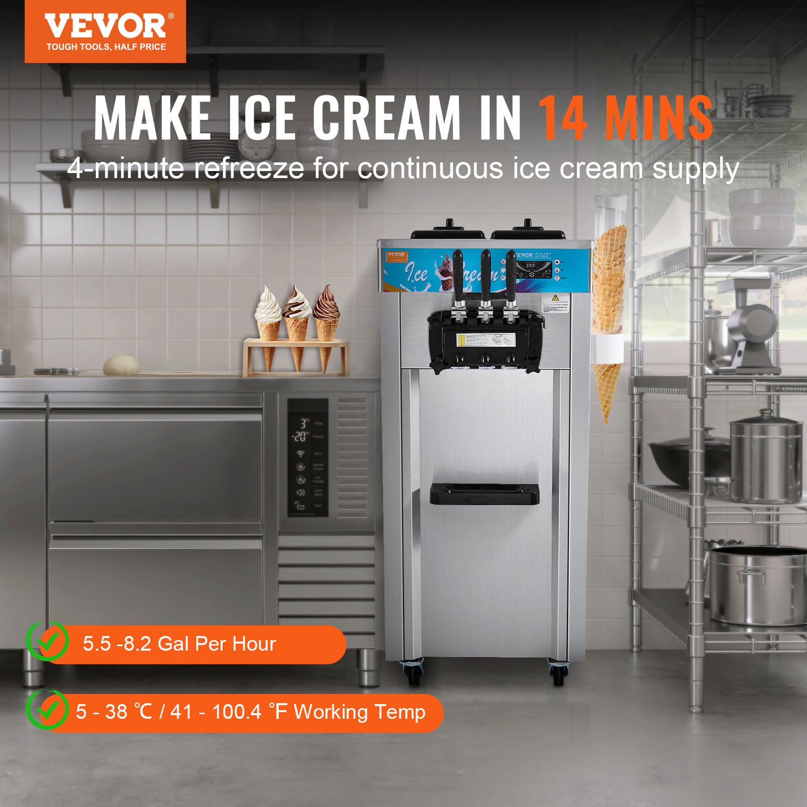 VEVOR Commercial Ice Cream Machine, 21-31 L/H Yield, 1500W 3-Flavor Freestanding Soft Serve Ice Cream Maker,  2 x 5.5L Stainless Steel Cylinder, LED Panel Auto Clean Pre-cooling, for Restaurant Bars