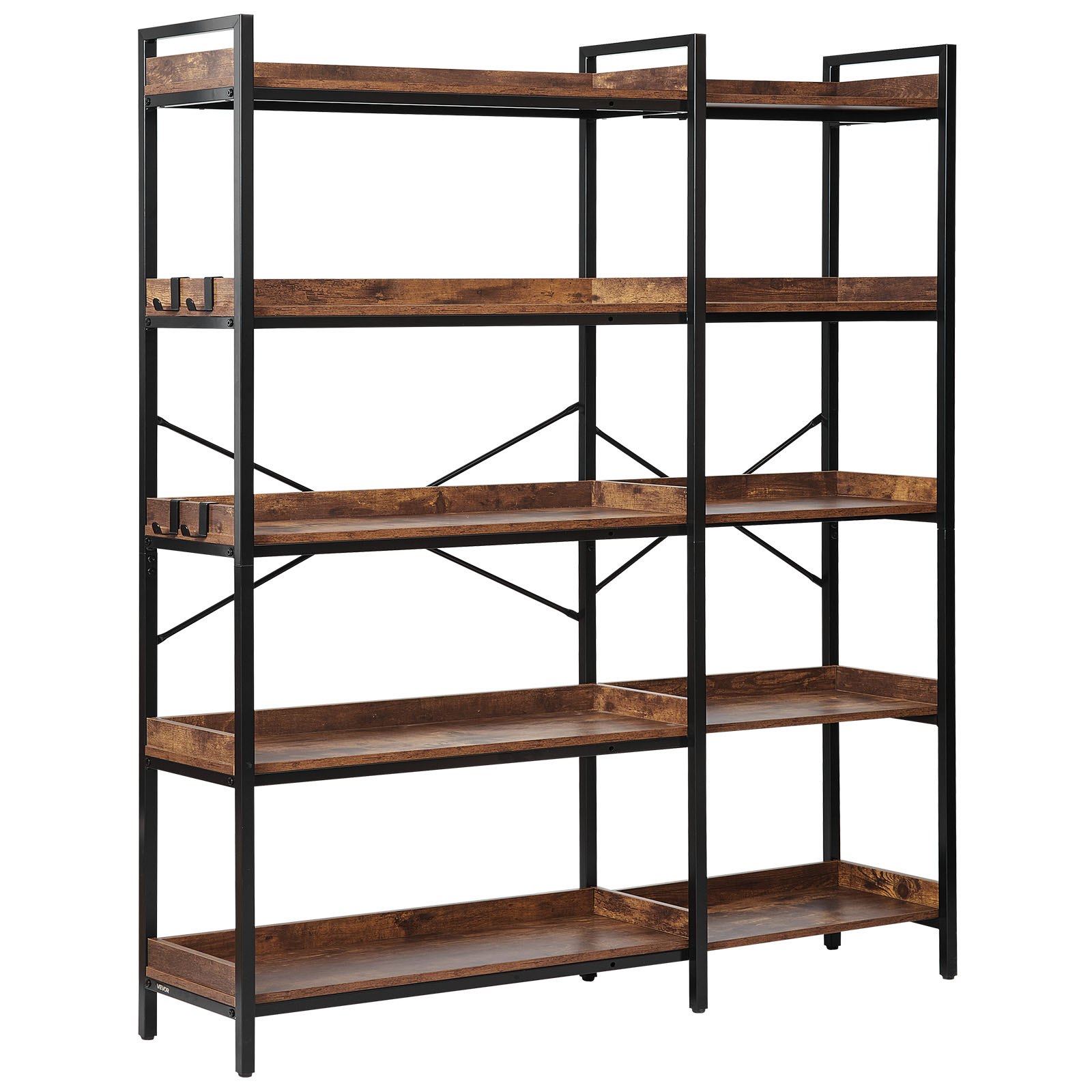 VEVOR 5 Tier Corner Bookshelf, Tall Corner Bookcase with 4 Hooks, L-Shaped Bookshelf Organizer with Metal Frame & Wooden Shelves, Reversible Display Book Shelf Rack for Bedroom, Living Room, Office