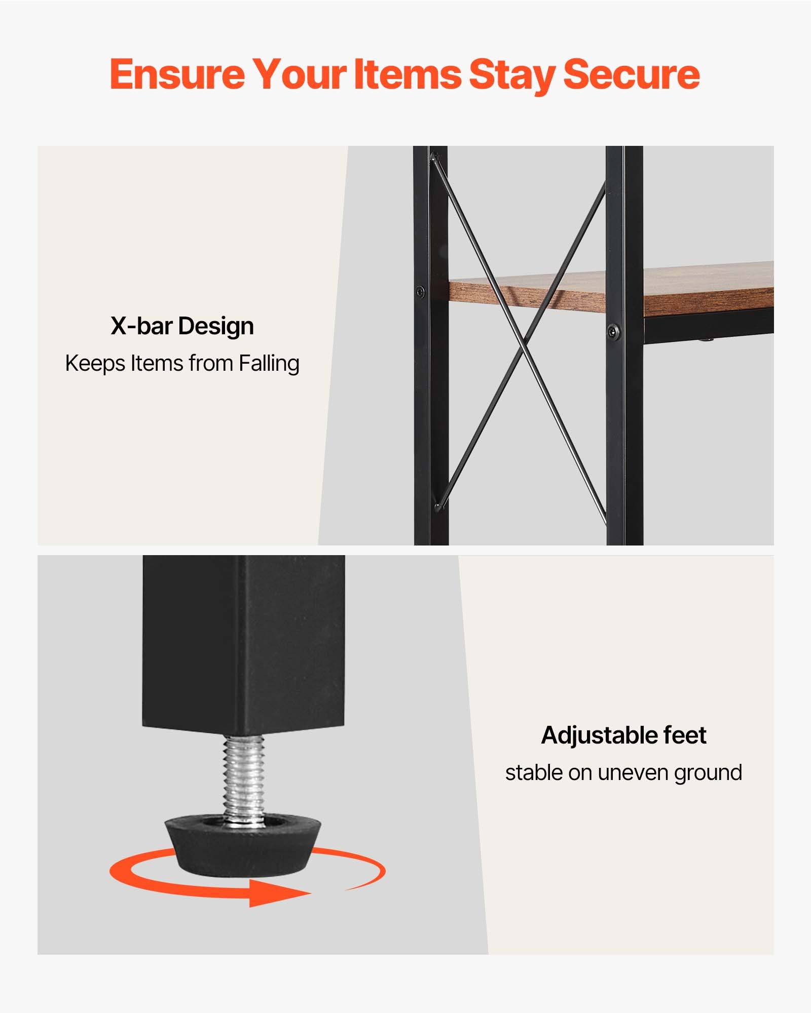 VEVOR 7-laags hoekplank, hoge hoekstandaard, displayplank, opbergrek met metalen frame en houten planken, staande plank (91 kg per laag), displayboekenplank voor slaapkamer, woonkamer, kantoor, bruin