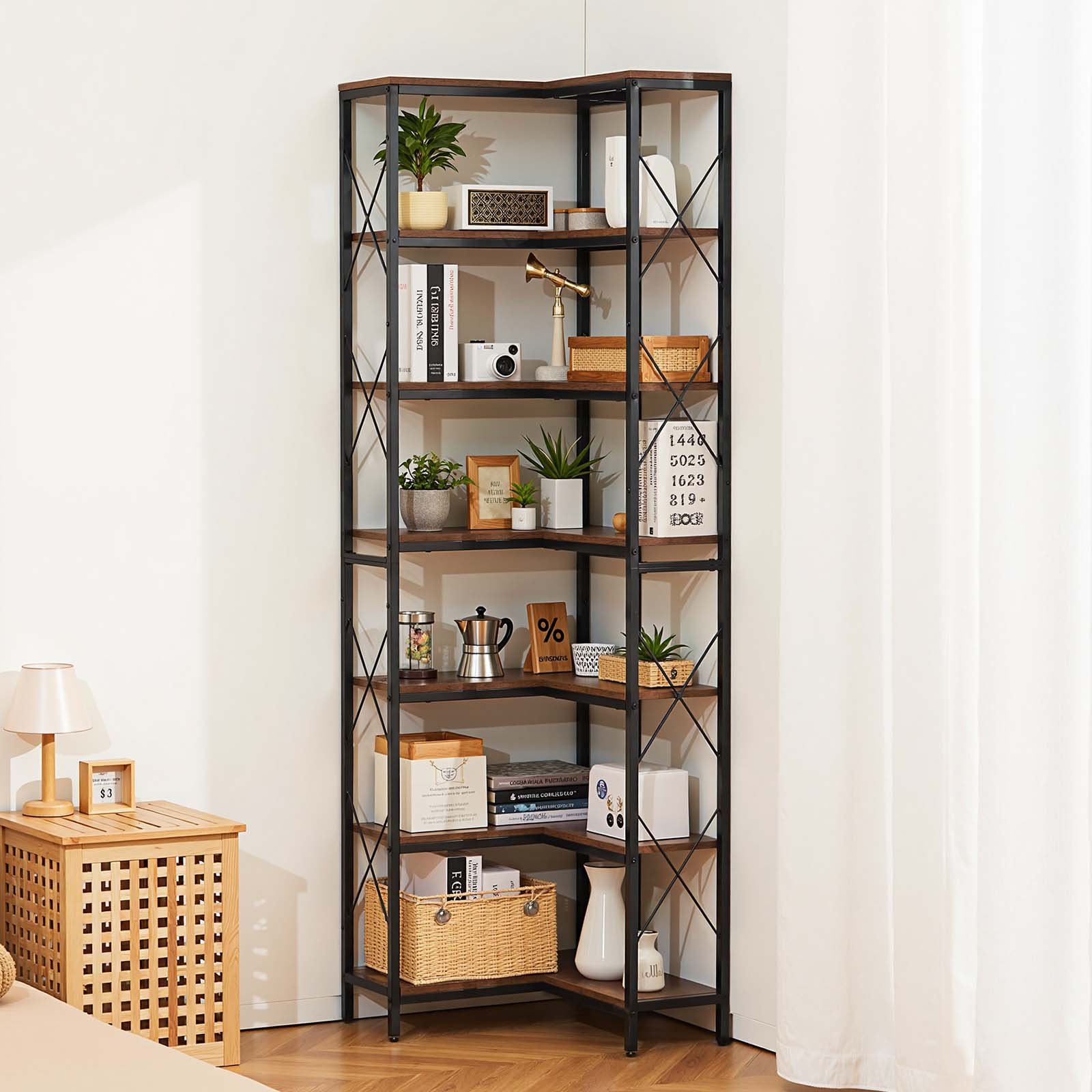 VEVOR 7-laags hoekplank, hoge hoekstandaard, displayplank, opbergrek met metalen frame en houten planken, staande plank (91 kg per laag), displayboekenplank voor slaapkamer, woonkamer, kantoor, bruin