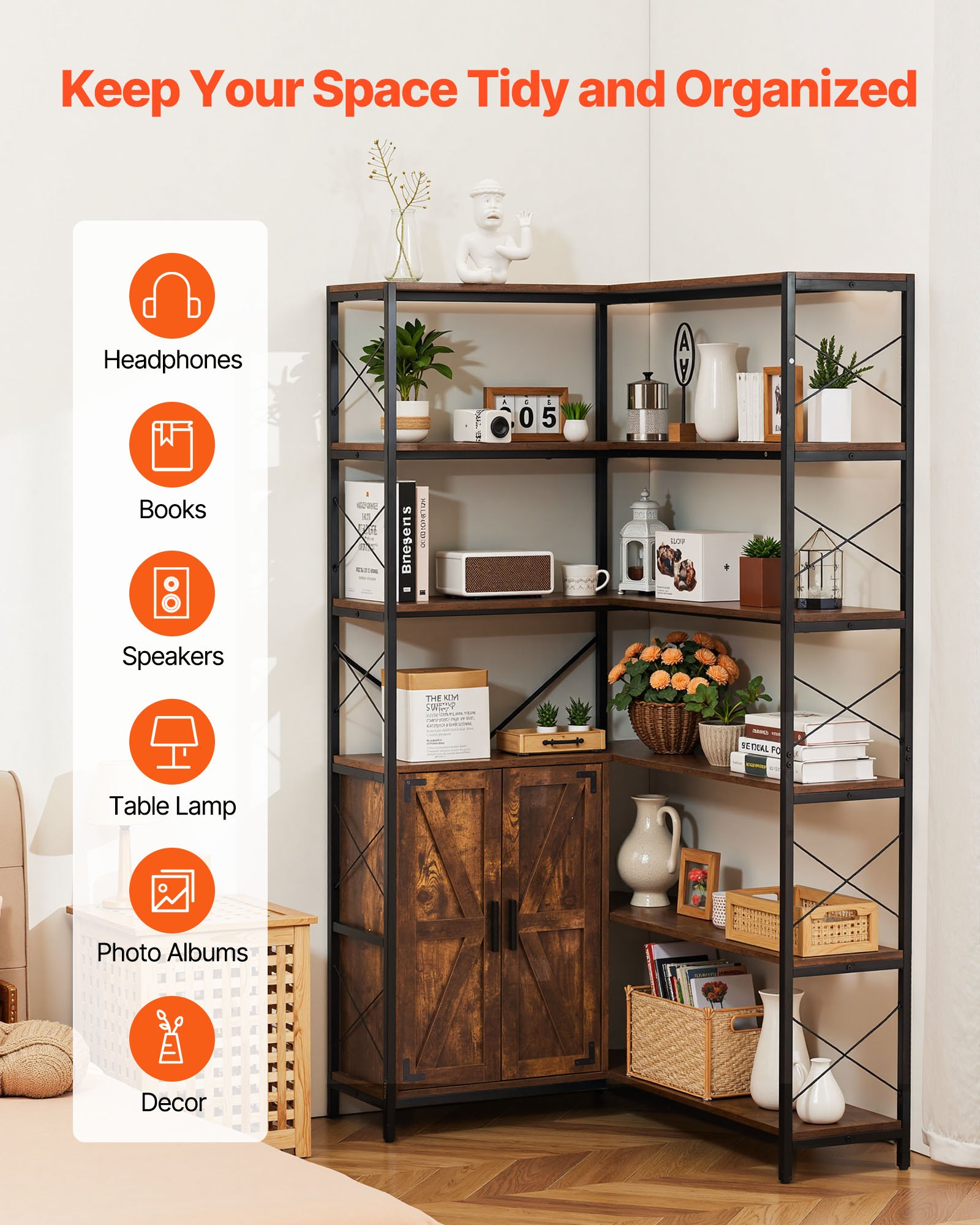 VEVOR 6-laags hoekschap, hoge hoekstandaard met deuren, L-vormig opbergrek met metalen frame en houten planken, staande boekenplank voor slaapkamer, woonkamer, kantoor, bruin