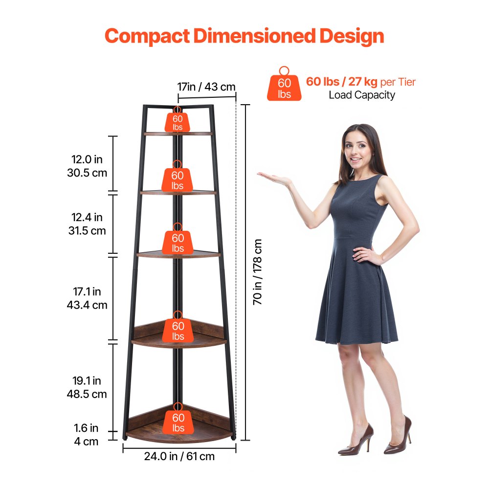 VEVOR 5 Tier Corner Shelf, Tall Corner Bookshelf Plant Rack, Wall Shelves Tower Storage Organizer with Metal Frame & Wooden Shelves, Narrow Display Book Shelf Rack for Bedroom, Living Room, Office