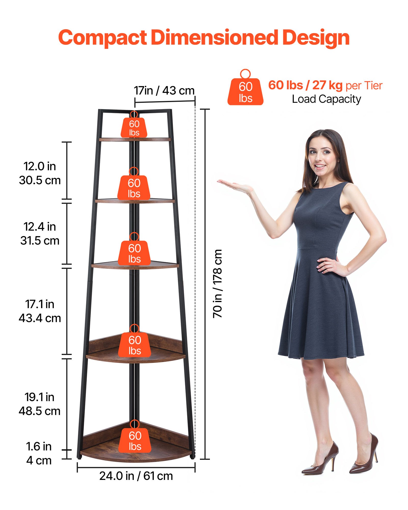 VEVOR 5 Tier Corner Shelf, Tall Corner Bookshelf Plant Rack, Wall Shelves Tower Storage Organizer with Metal Frame & Wooden Shelves, Narrow Display Book Shelf Rack for Bedroom, Living Room, Office