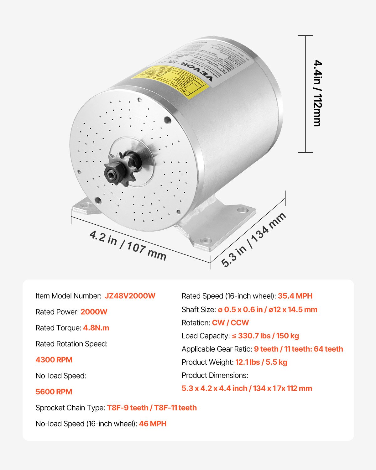 VEVOR 2000W elektrische borstelloze DC-motorkit – 48V 4300 RPM 4,8 Nm elektromotor met verbeterde snelheidsregelaar, ideaal voor skelters, e-bikes, motorfietsen en scooters