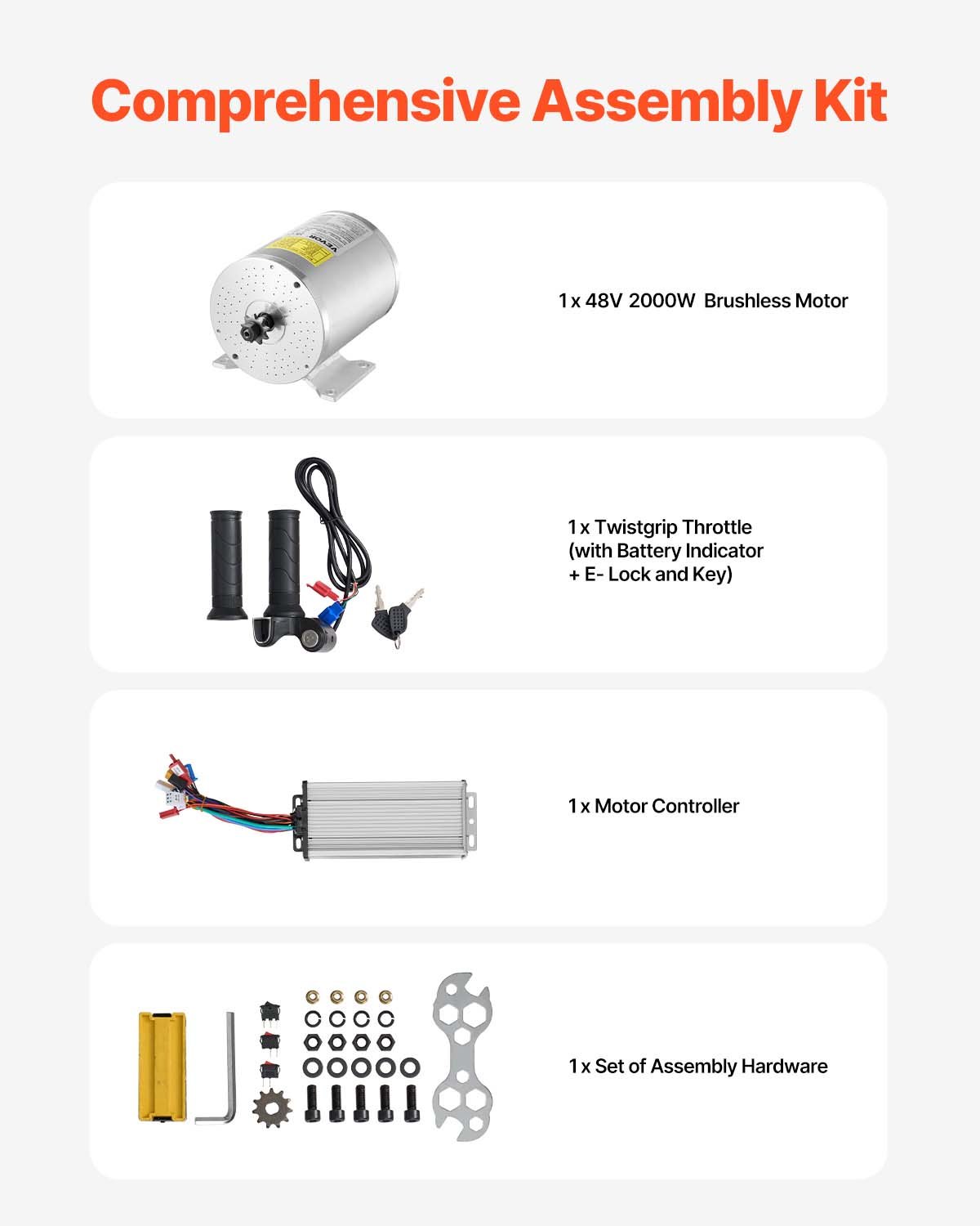 VEVOR 2000W elektrische borstelloze DC-motorkit - 48V 4300RPM elektrische motor met verbeterde snelheidsregelaar en gashendelkit voor go-karts, e-bikes, motorfietsen, scooters, doe-het-zelf