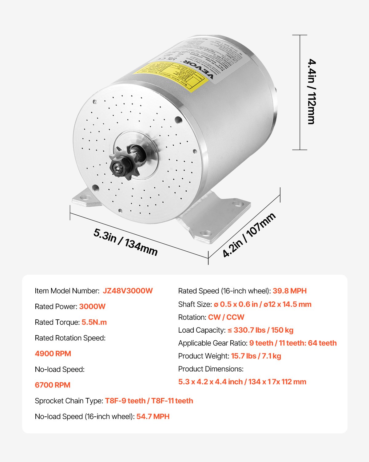 VEVOR 3000W elektrische borstelloze DC-motorkit – 72V 4900 RPM motor met verbeterde snelheidsregelaar en gashendelkit voor skelters, e-bikes, motorfietsen, scooters en doe-het-zelfprojecten