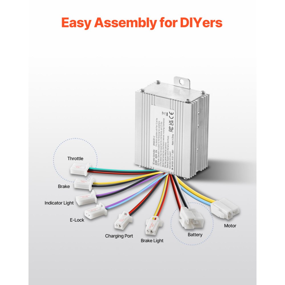 VEVOR 450W geborstelde DC-elektromotor – 36V, 3000 RPM motor met verbeterde snelheidsregelaar en duimgashendel, elektromotor voor skelters, e-bikes, motorfietsen en scooters