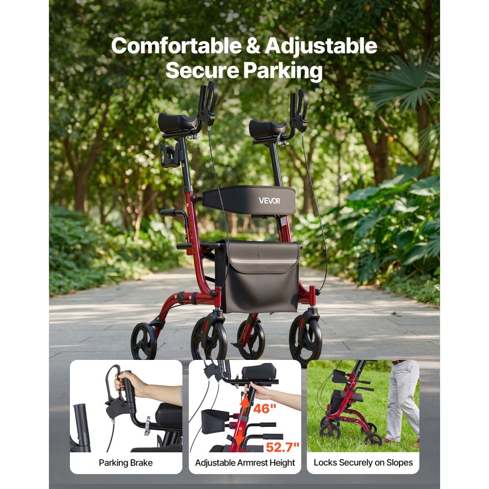 VEVOR Opvouwbare Rollator met Zitje, Lichtgewicht Looprek met 4 PVC-banden, Loophulp tot 136 kg met Rugleuning, Tas, Stokhouder, In hoogte verstelbaar Loophulp met Vergrendelfunctie voor Senioren, Rood