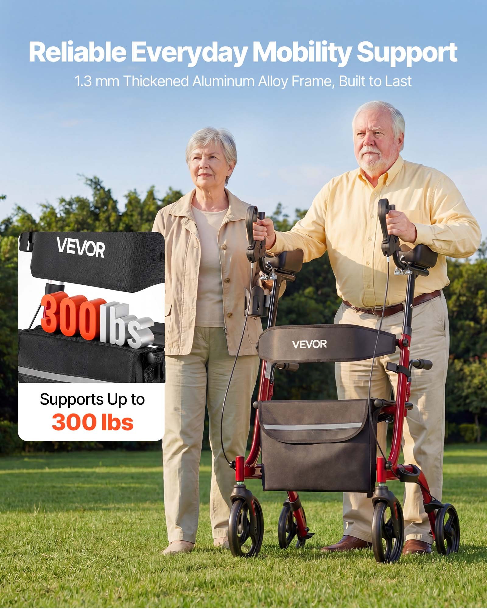 VEVOR Opvouwbare Rollator met Zitje, Lichtgewicht Looprek met 4 PVC-banden, Loophulp tot 136 kg met Rugleuning, Tas, Stokhouder, In hoogte verstelbaar Loophulp met Vergrendelfunctie voor Senioren, Rood