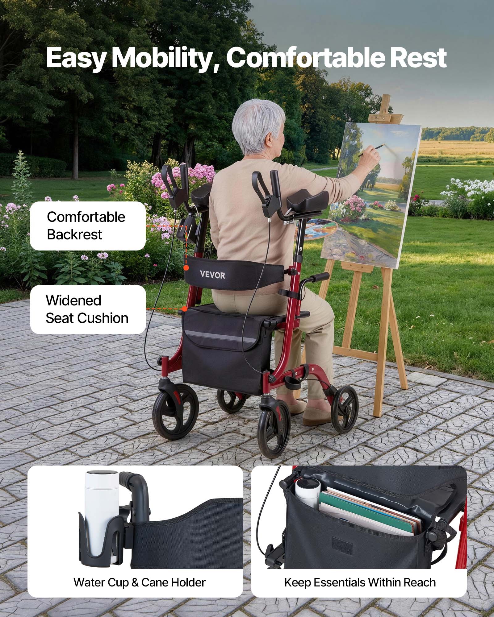 VEVOR Opvouwbare Rollator met Zitje, Lichtgewicht Looprek met 4 PVC-banden, Loophulp tot 136 kg met Rugleuning, Tas, Stokhouder, In hoogte verstelbaar Loophulp met Vergrendelfunctie voor Senioren, Rood