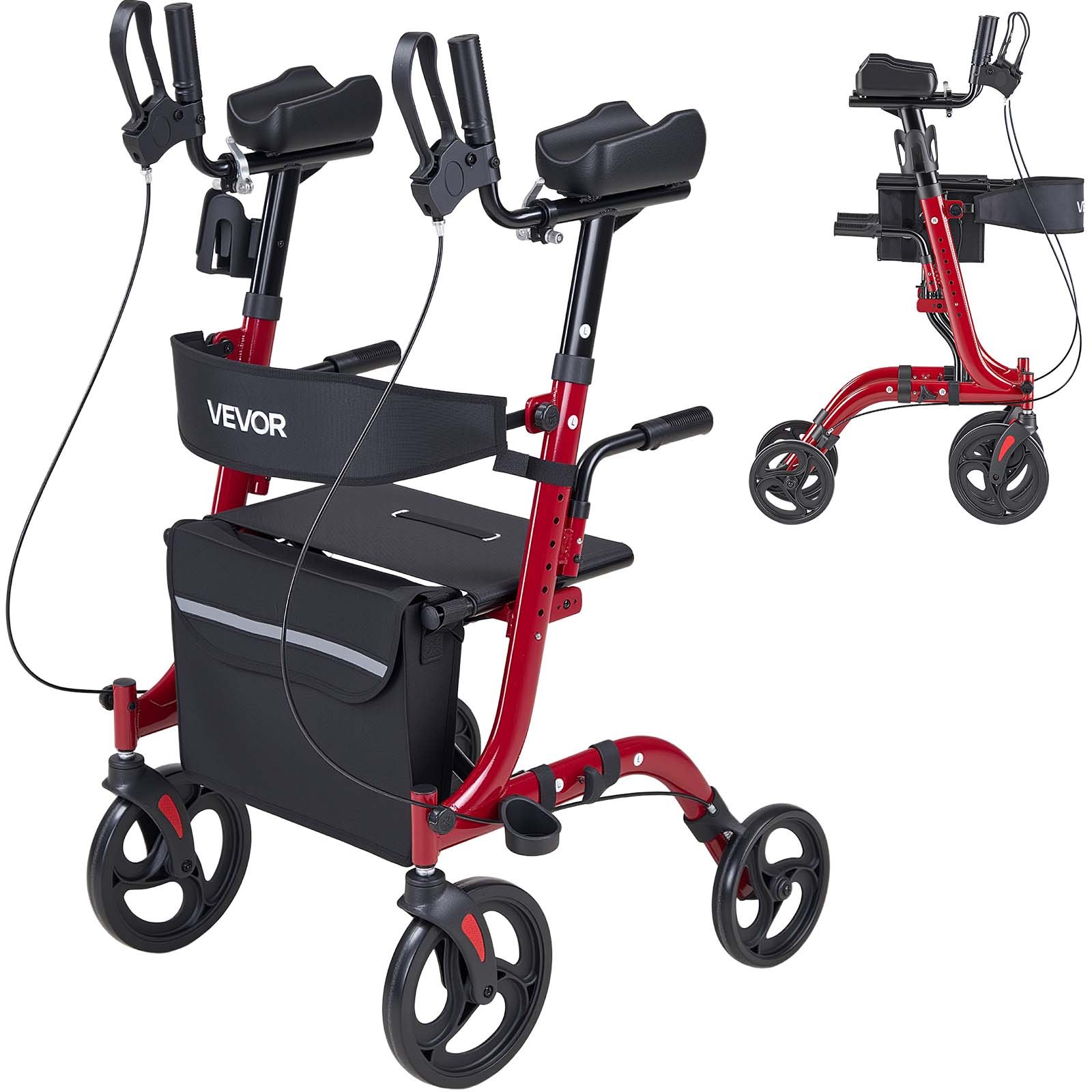 VEVOR Opvouwbare Rollator met Zitje, Lichtgewicht Looprek met 4 PVC-banden, Loophulp tot 136 kg met Rugleuning, Tas, Stokhouder, In hoogte verstelbaar Loophulp met Vergrendelfunctie voor Senioren, Rood