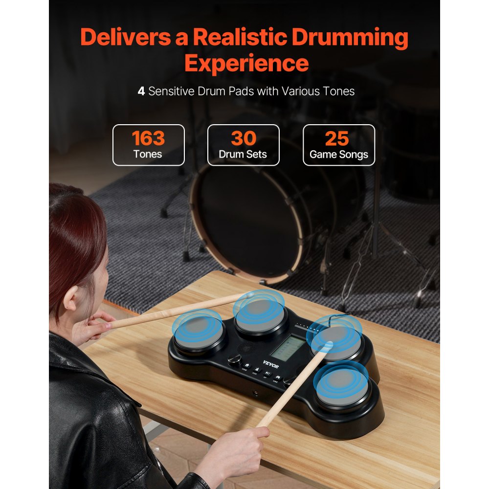 VEVOR Electronic Drum Set, 163 geluiden, elektronisch drumstel met 4 pads, koptelefoonaansluiting, ingebouwde stereoluidsprekers, 5A drumstokken, pedalen, MIDI, instrument voor beginners en professionals