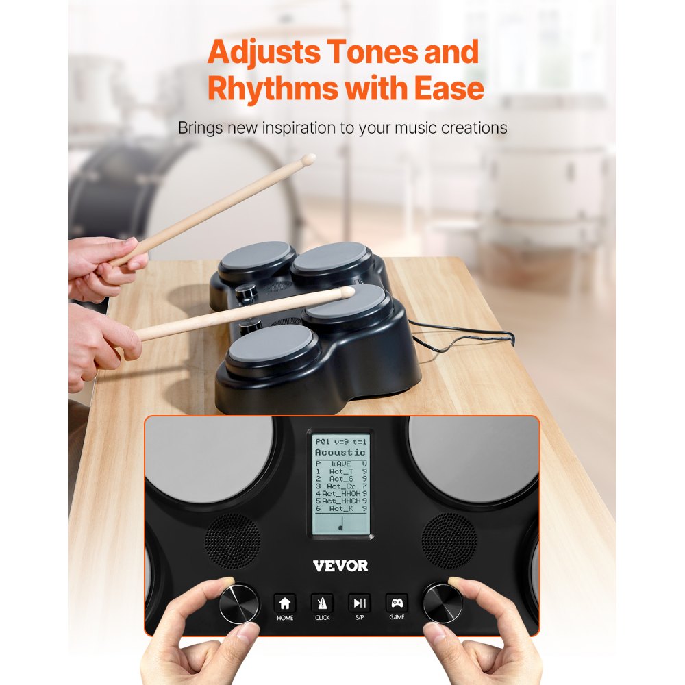VEVOR Electronic Drum Set, 163 geluiden, elektronisch drumstel met 4 pads, koptelefoonaansluiting, ingebouwde stereoluidsprekers, 5A drumstokken, pedalen, MIDI, instrument voor beginners en professionals