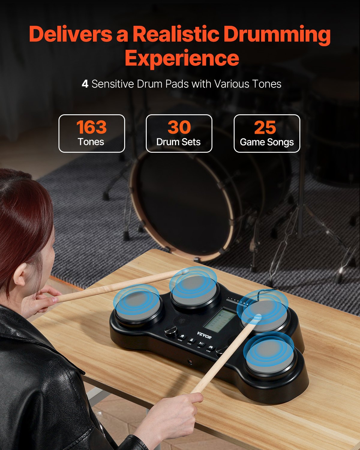 VEVOR Electronic Drum Set, 163 geluiden, elektronisch drumstel met 4 pads, koptelefoonaansluiting, ingebouwde stereoluidsprekers, 5A drumstokken, pedalen, MIDI, instrument voor beginners en professionals