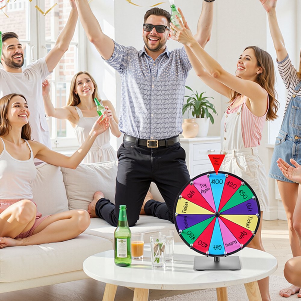 VEVOR Wheel of Fortune (305 mm) 14 Slots Wheel of Fortune met standaard, loterijspellen Winnende Roulette met schoolbordwisser en 2 stiften, 6 kleuren, draaiend prijzenwiel Ideaal voor feestcafés, beurzen