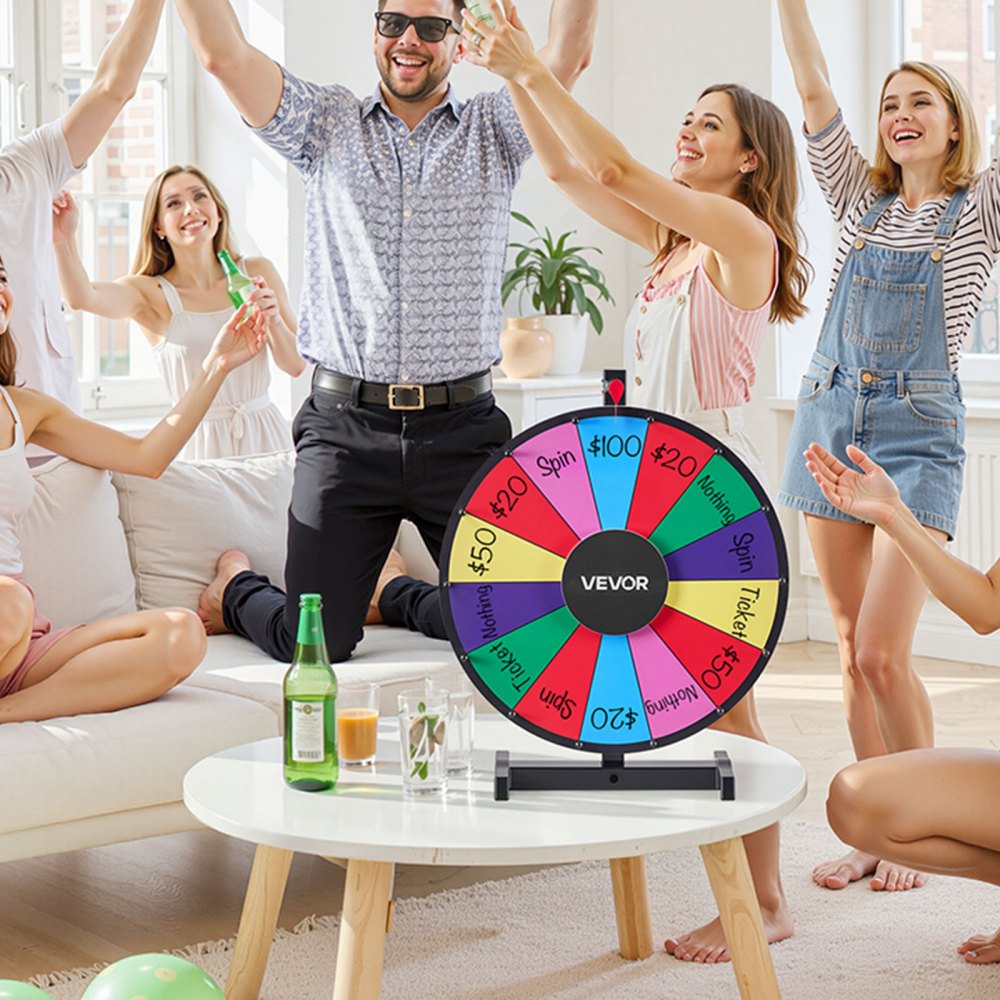 VEVOR Wheel of Fortune (457 mm) 14 Slots Wheel of Fortune met standaard, loterijspellen Winnende Roulette met schoolbordwisser en 2 stiften, 6 kleuren, draaiend prijzenwiel Ideaal voor feestcafés, beurzen