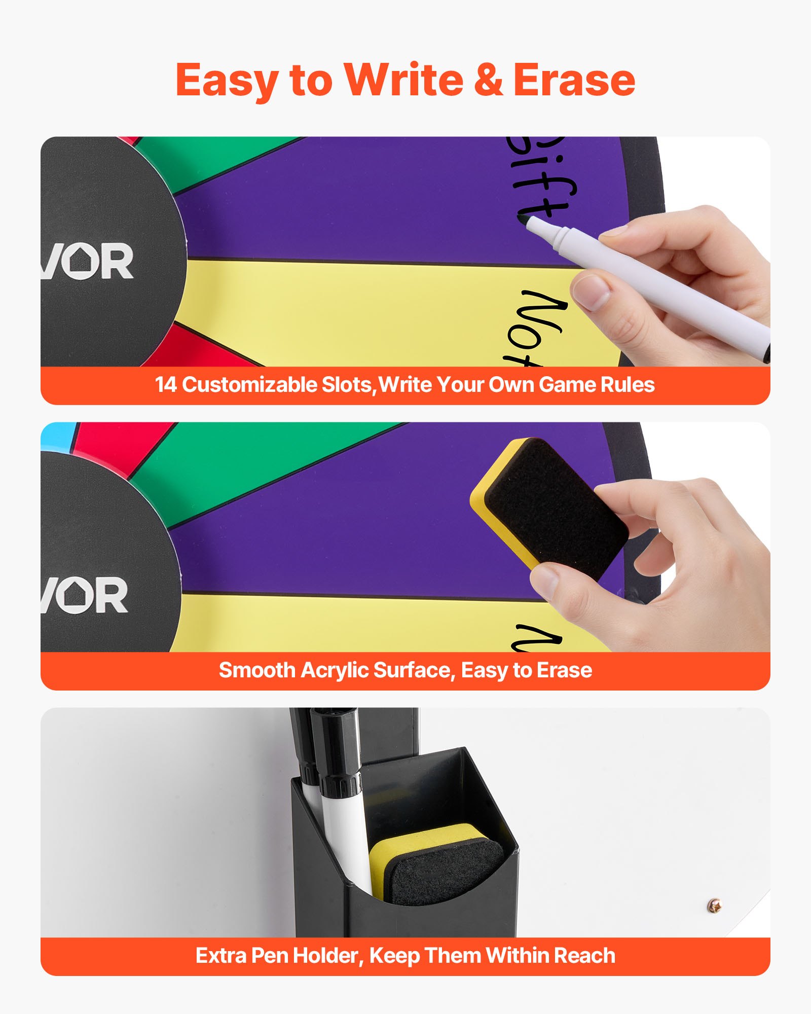 VEVOR 610 mm Spinning Prize Wheel, 14 Slots Spinning Wheel with Stand, Tabletop Win Fortune Roulette with a Dry Erase and 2 Markers, 6 Colors, Easy Assembly, for Party Pub Trade Show Carnival Events