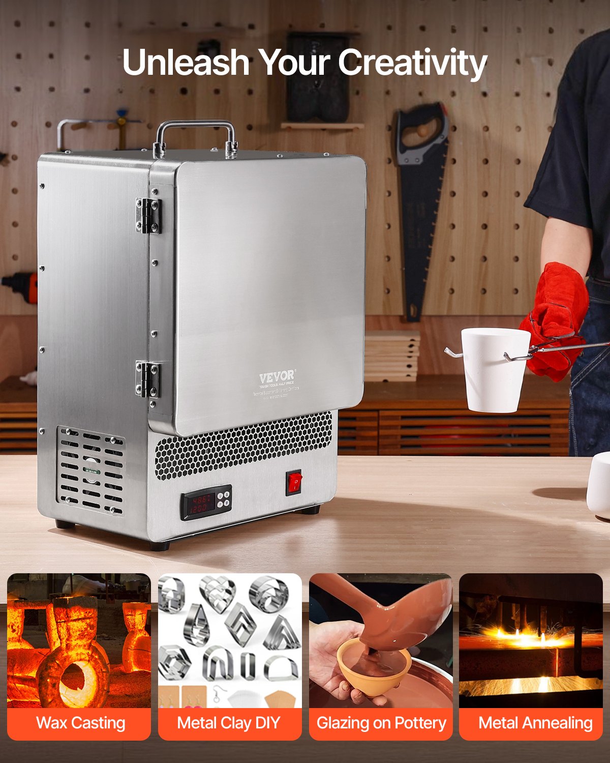 VEVOR Tabletop Kiln Melter, 1500W Powerful Electric Kiln, 2192℉ / 1200℃ Max Temperature, Stainless Steel, Gold Melting Furnace for Wax Casting, Clay DIY, Metal Tempering, Glazing on Pottery, Silver
