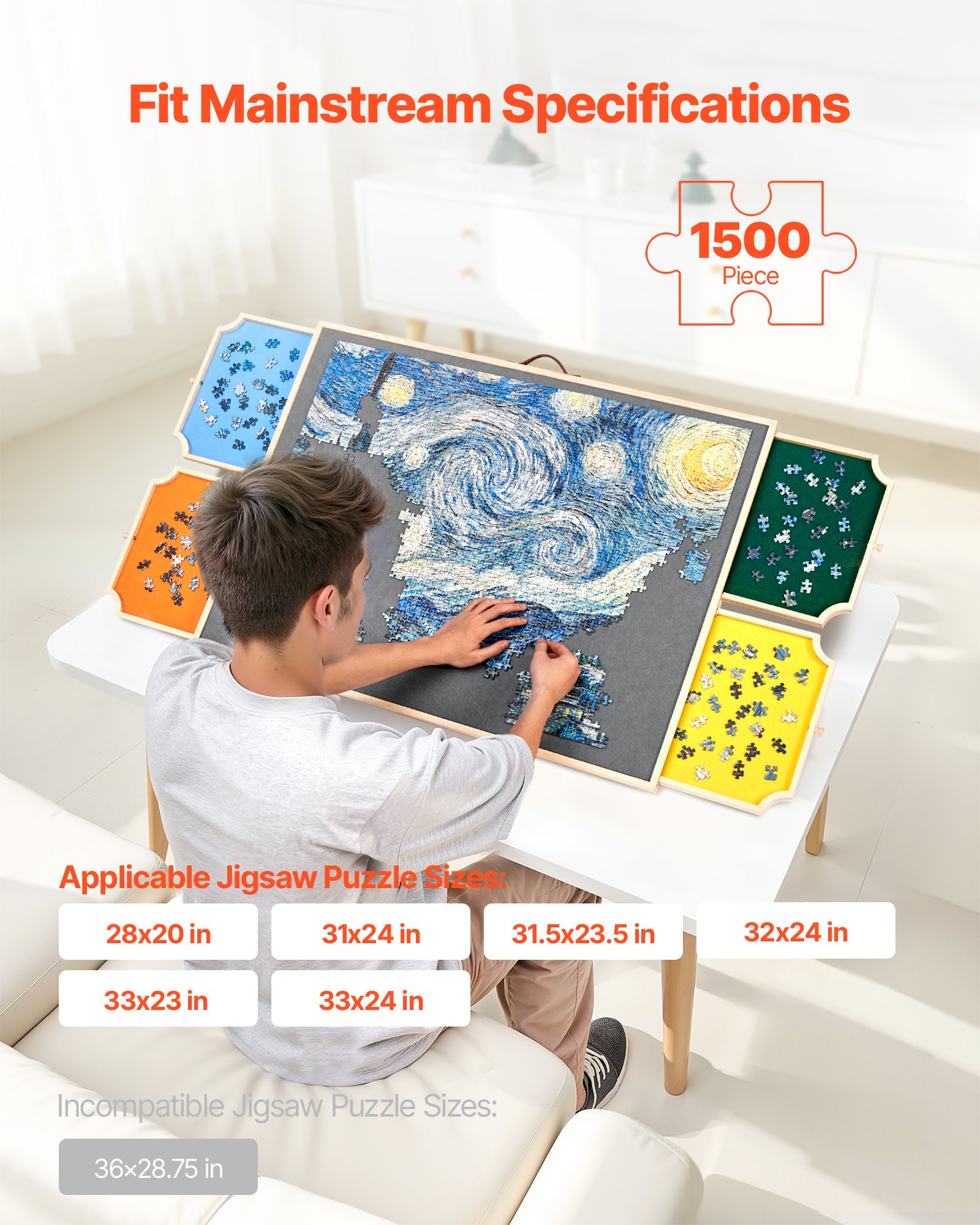 VEVOR 1500 Piece Rotating Puzzle Board with 4 Colorful Felt Drawers and Cover, 86x63cm Portable Wooden Table, Adjustable 2-Tilting-Angle Jigsaw Puzzle Accessories for Adults, Birthday Gift for Mom