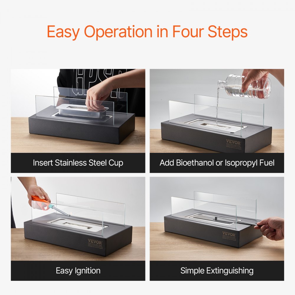 VEVOR vuurkorf, 35x18x14cm tafelmodel metalen haard, binnen- en buitendecoratie, vuurschaal voor ontsmettingsalcohol, marshmallowmaker met glas, voor terras en balkon met brandblusser, vierkant