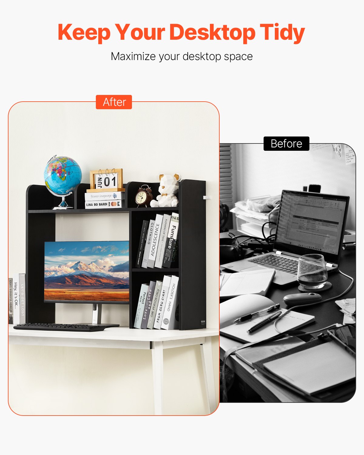 VEVOR Bureau Boekenplank 2-laags Organizer (94,5 x 24,1 x 73,4 cm) Tafelplanken Bureau Organizer Display Plank Gemaakt van Spaanplaat met Antislip Voetjes, voor Kantoor Slaapzaal, Zwart