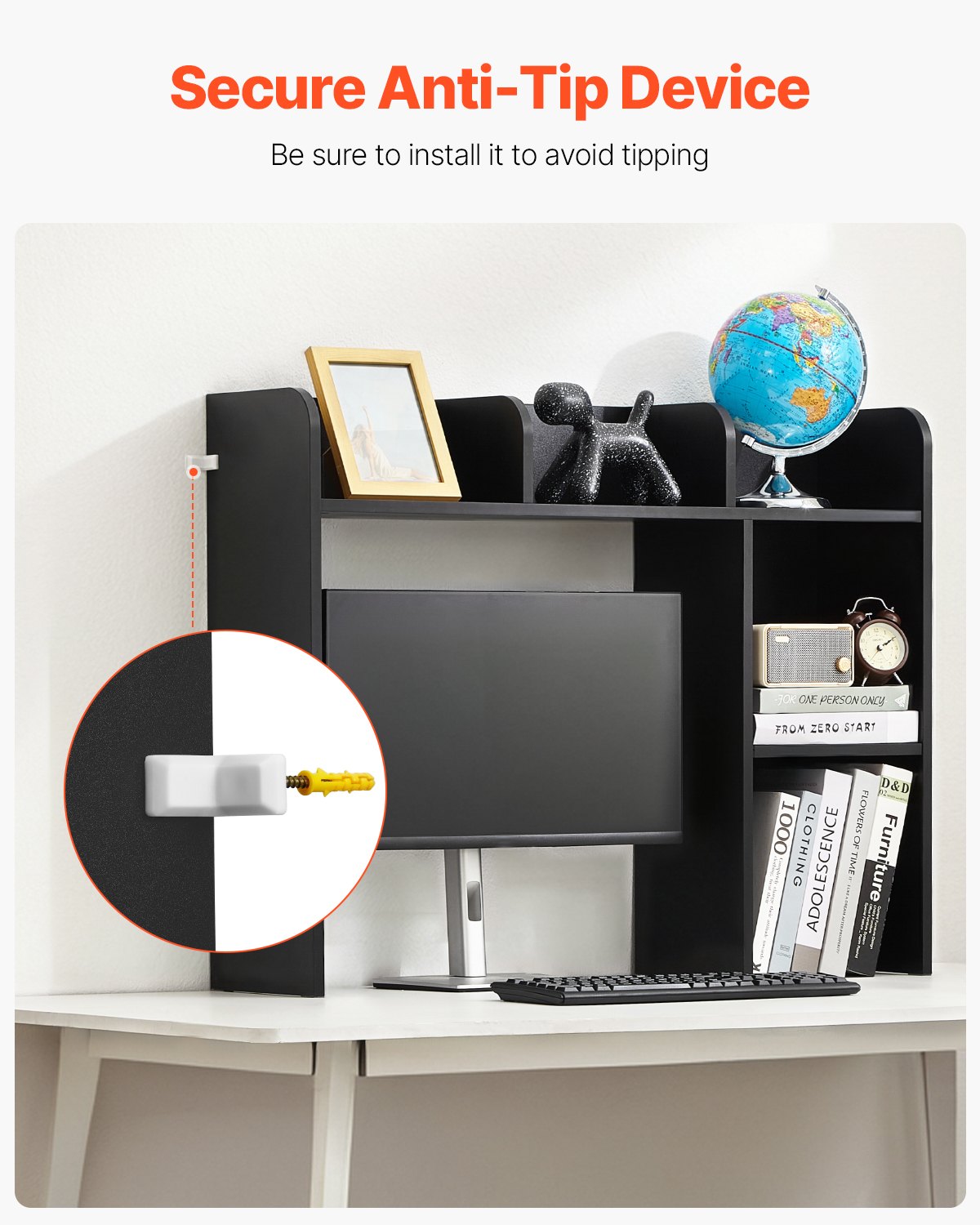 VEVOR Bureau Boekenplank 2-laags Organizer (94,5 x 24,1 x 73,4 cm) Tafelplanken Bureau Organizer Display Plank Gemaakt van Spaanplaat met Antislip Voetjes, voor Kantoor Slaapzaal, Zwart