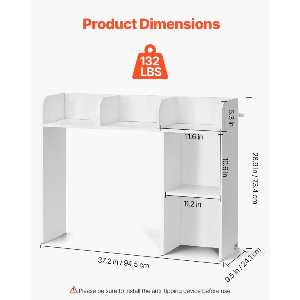 VEVOR Desktop Bookshelf, 2-Tier Desktop Storage Organizer, 37.2" x 9.5" x 28.9" Office Storage Rack Wood Display Shelf, Desktop Bookshelf Hutch with Anti-Slip Feet Pads, for Office, Home & Dorm, White