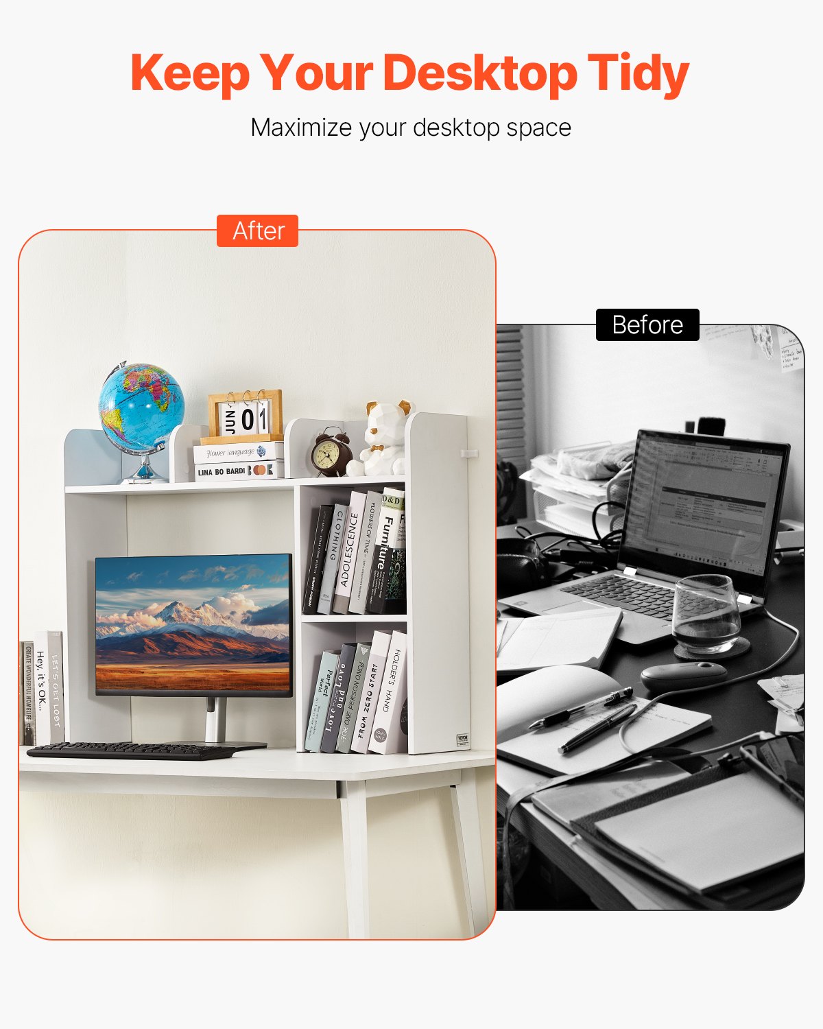 VEVOR Bureau Boekenplank 2-laags Organizer (94,5 x 24,1 x 73,4 cm) Tafelplanken Bureau Organizer Display Plank Gemaakt van Spaanplaat met Antislip Voetjes, voor Kantoor Slaapzaal, Wit