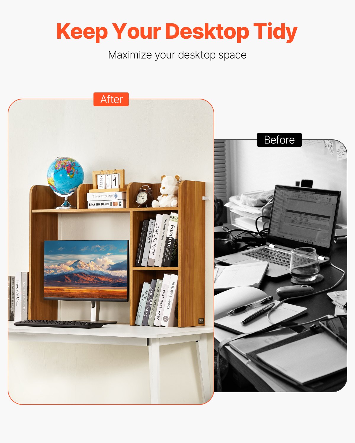 VEVOR Bureau Boekenplank 2-laags Organizer (94,5 x 24,1 x 73,4 cm) Tafelplanken Bureau Organizer Display Plank Gemaakt van Spaanplaat met Antislip Voetjes, voor Kantoor Slaapzaal, Houtkleur