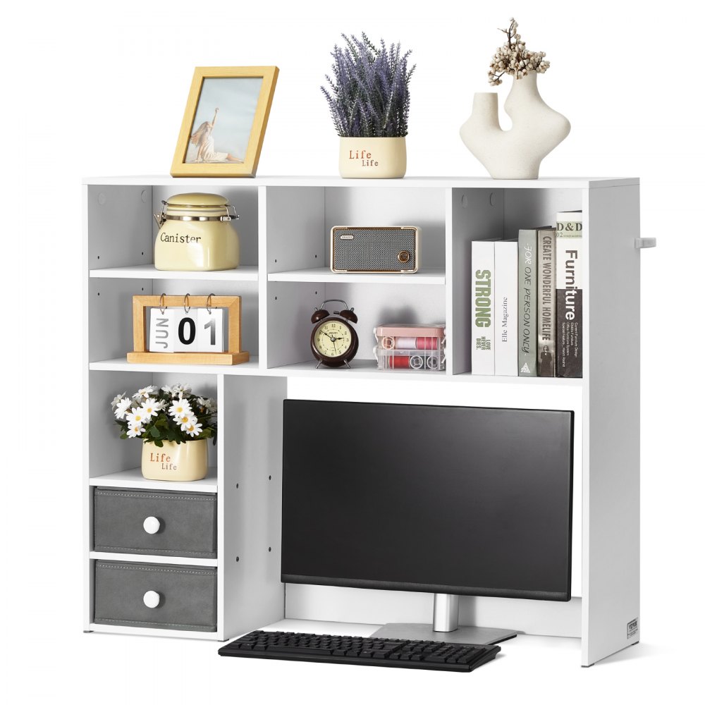 VEVOR Desktop Bookshelf, 3-Tier Desktop Storage Organizer, 37" x 10" x 31.1" Office Storage Rack Wood Display Shelf, Desktop Bookshelf Hutch with Two Fabric Drawers, for Office, Home & Dorm, White