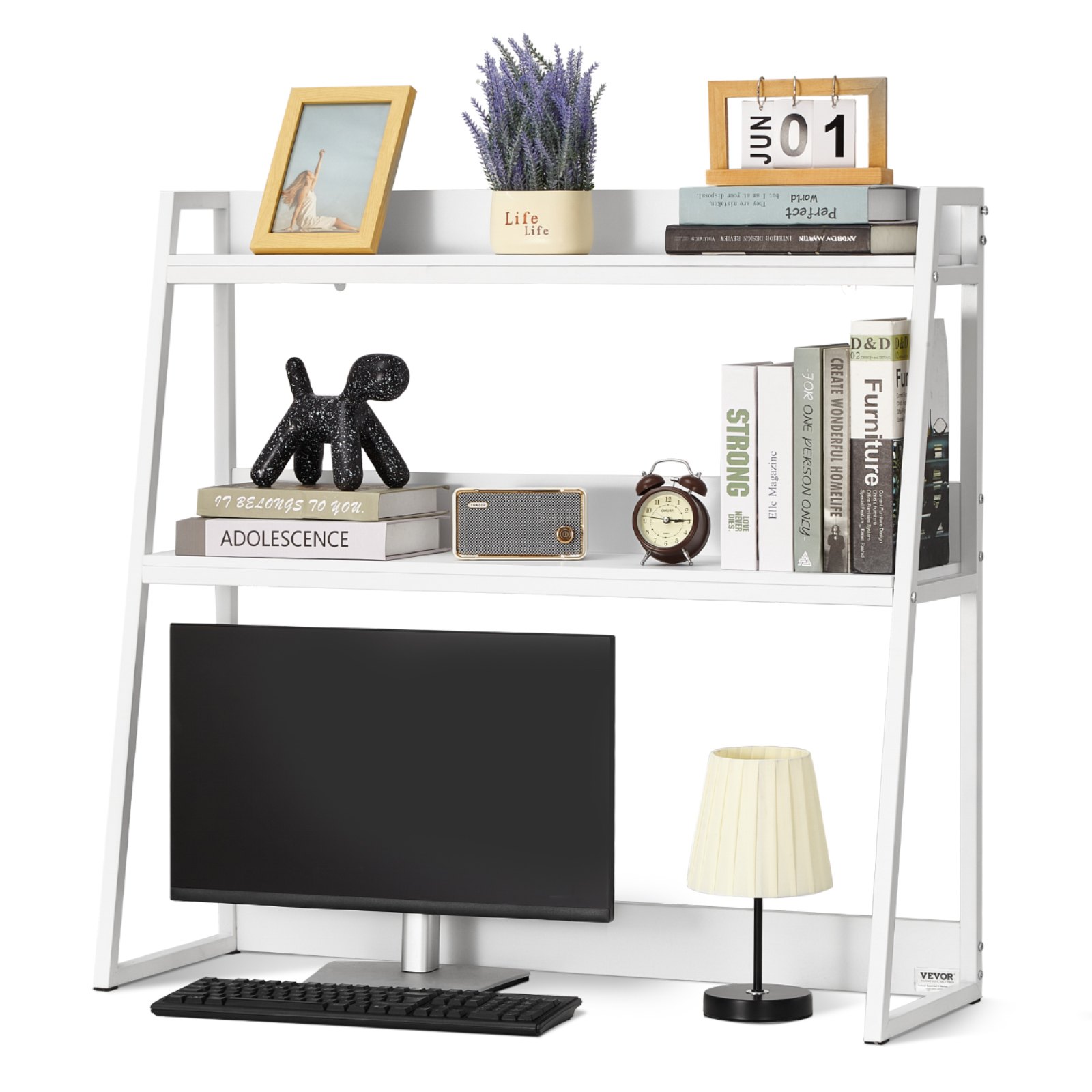 VEVOR Desktop Bookshelf, 2-Tier Desktop Storage Organizer, 37.4" x 12.6" x 35.4" Office Desk Storage Rack Display Shelf, Desktop Bookshelf Hutch with Anti-Slip Feet Pads, for Office, Home & Dorm, White