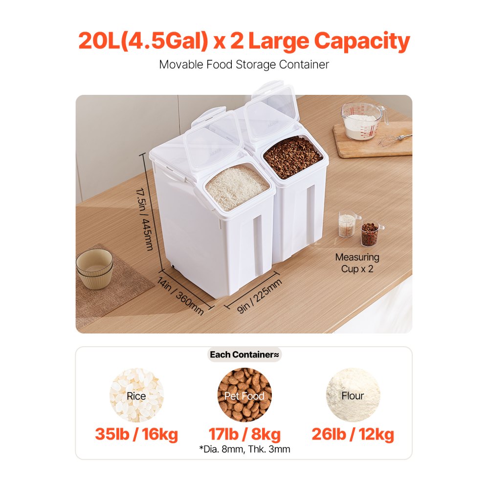 VEVOR Rijstbewaarcontainers 2-pack Hondenvoerdispenser, 2 x 20 L containers voor keukeningrediënten Granen, granen, meel, dierenvoercontainer met wielen, maatbeker, luchtdicht deksel