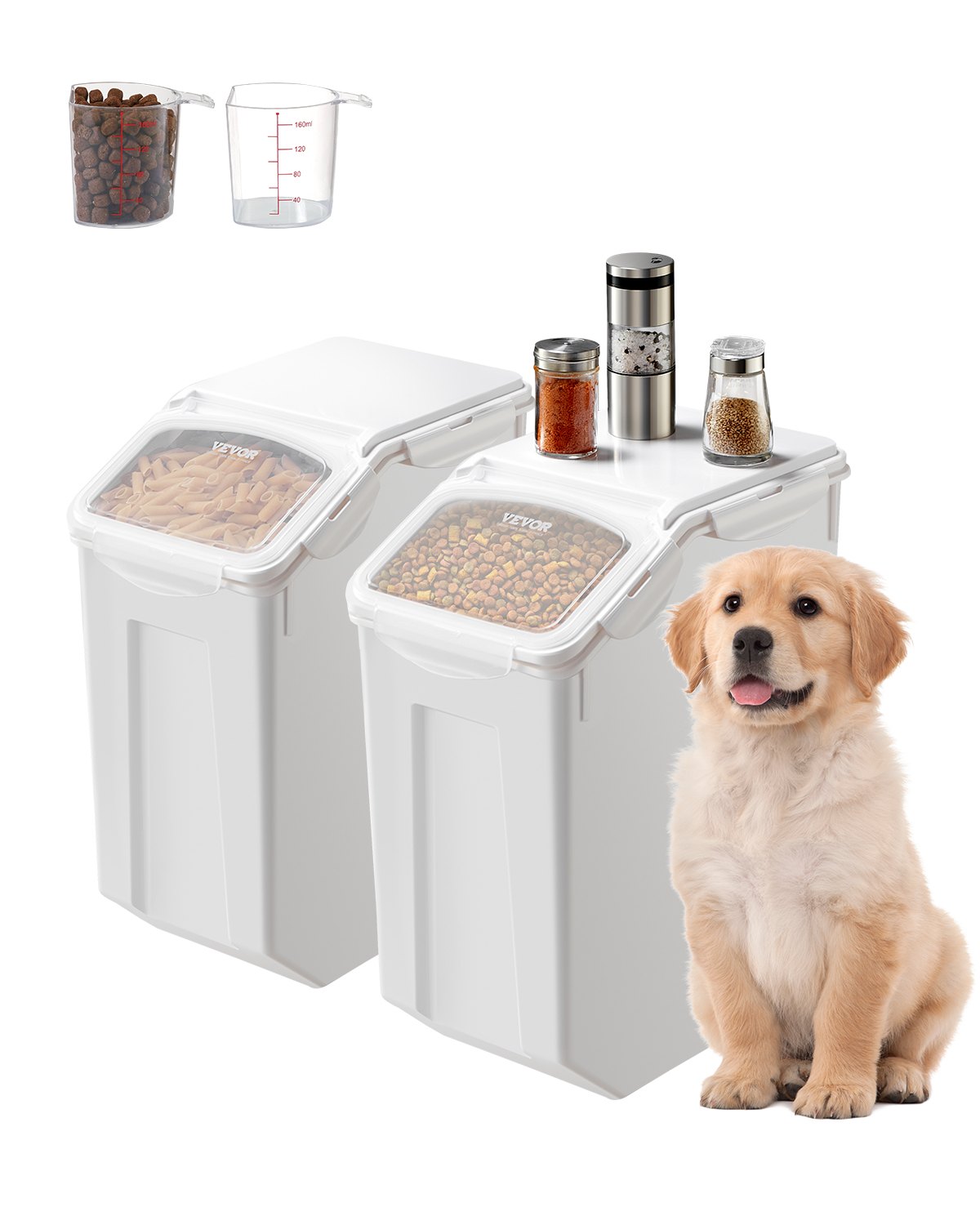 VEVOR Rijstbewaarcontainers 2-pack Hondenvoerdispenser, 2 x 20 L containers voor keukeningrediënten Granen, granen, meel, dierenvoercontainer met wielen, maatbeker, luchtdicht deksel