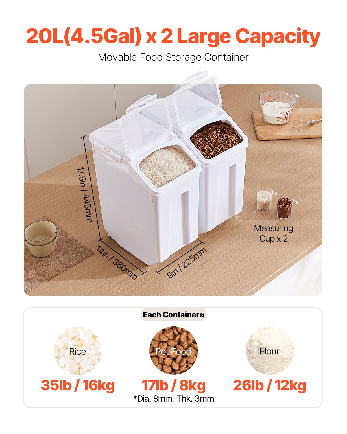 VEVOR Rijstbewaarcontainers 2-pack Hondenvoerdispenser, 2 x 20 L containers voor keukeningrediënten Granen, granen, meel, dierenvoercontainer met wielen, maatbeker, luchtdicht deksel