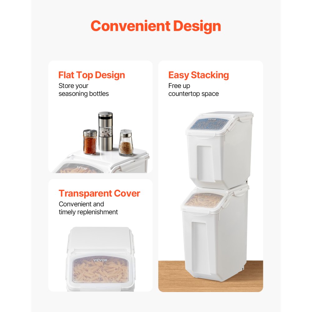 VEVOR Rijstbewaarcontainers Hondenvoerdispenser 4 stuks 2 x 15 L / /20 L x 2 Containers voor Keuken Ingrediënten Granen, Huisdiervoercontainer met Wielen Maatbeker Luchtdichte Deksel