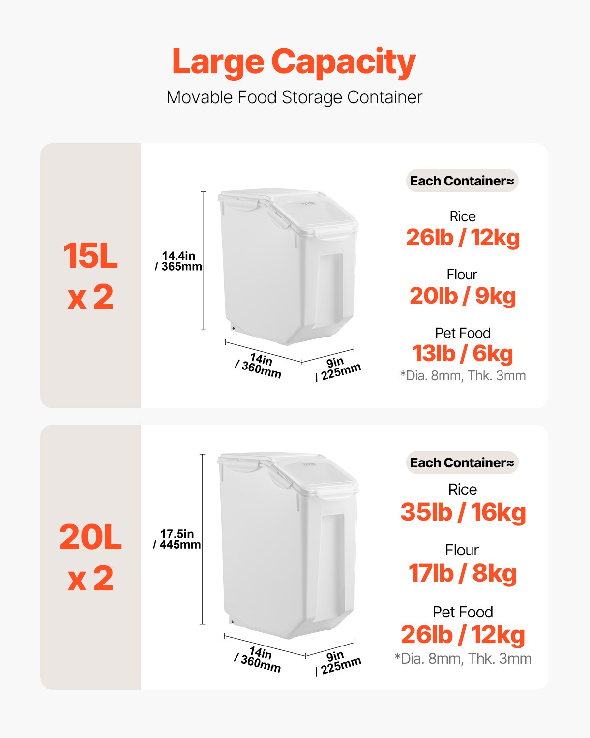 VEVOR Rijstbewaarcontainers Hondenvoerdispenser 4 stuks 2 x 15 L / /20 L x 2 Containers voor Keuken Ingrediënten Granen, Huisdiervoercontainer met Wielen Maatbeker Luchtdichte Deksel