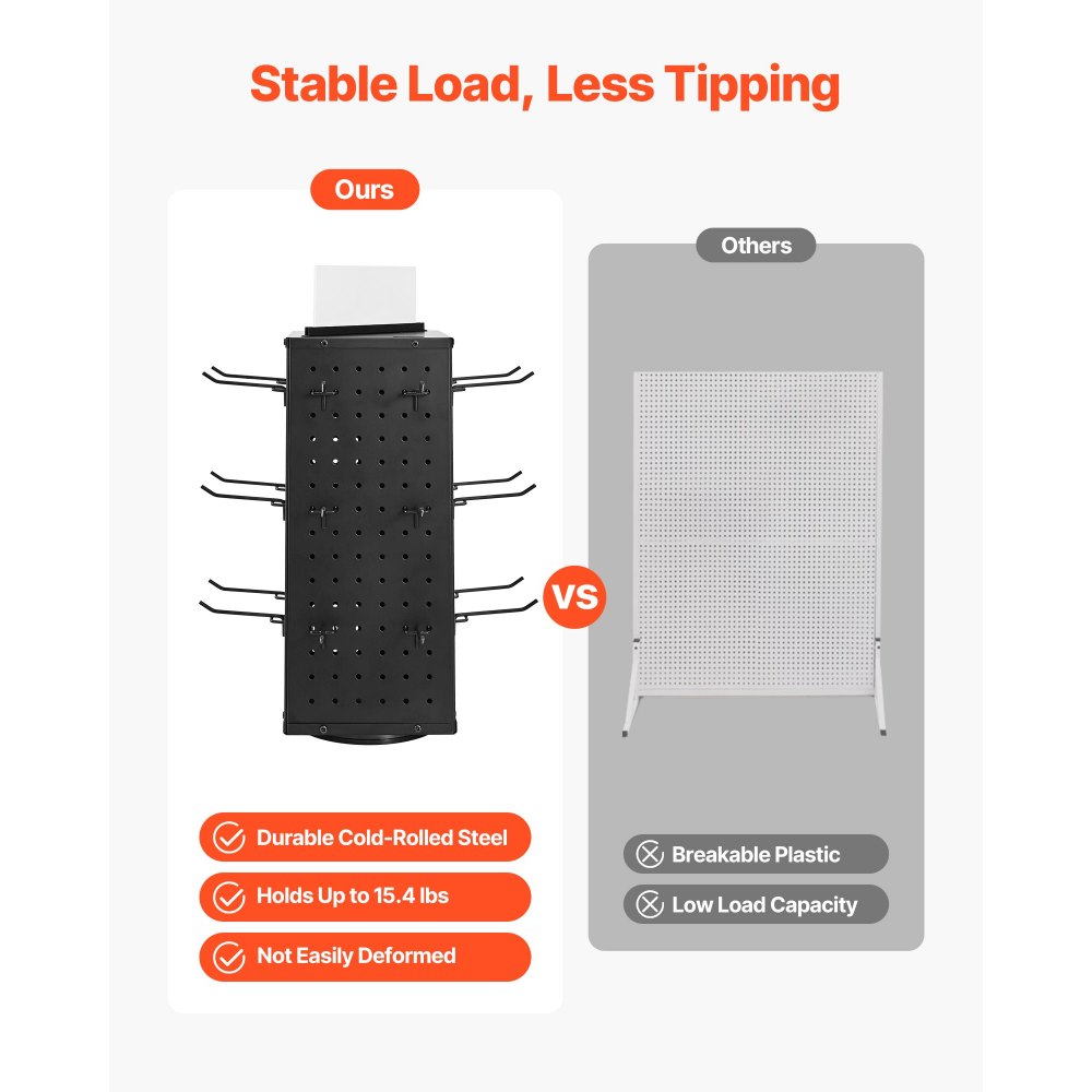 VEVOR Rotating Pegboard Display Stand, 7.4 x 7.4 x 17 in 4-Sided Spinning Peg Board Display with 24 Hooks, Thickened Cold-Rolled Steel Craft Rack Organizer for Grocery Retail Store Jewelry Shop, Black