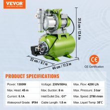VEVOR Shallow Well Pump with Pressure Tank, 1300W 230V, 4200L/h 50 m Head 5 bar, Portable Stainless Steel Automatic Water Booster Jet Pumps with Prefilter for Home Garden Lawn Irrigation, Water Transf