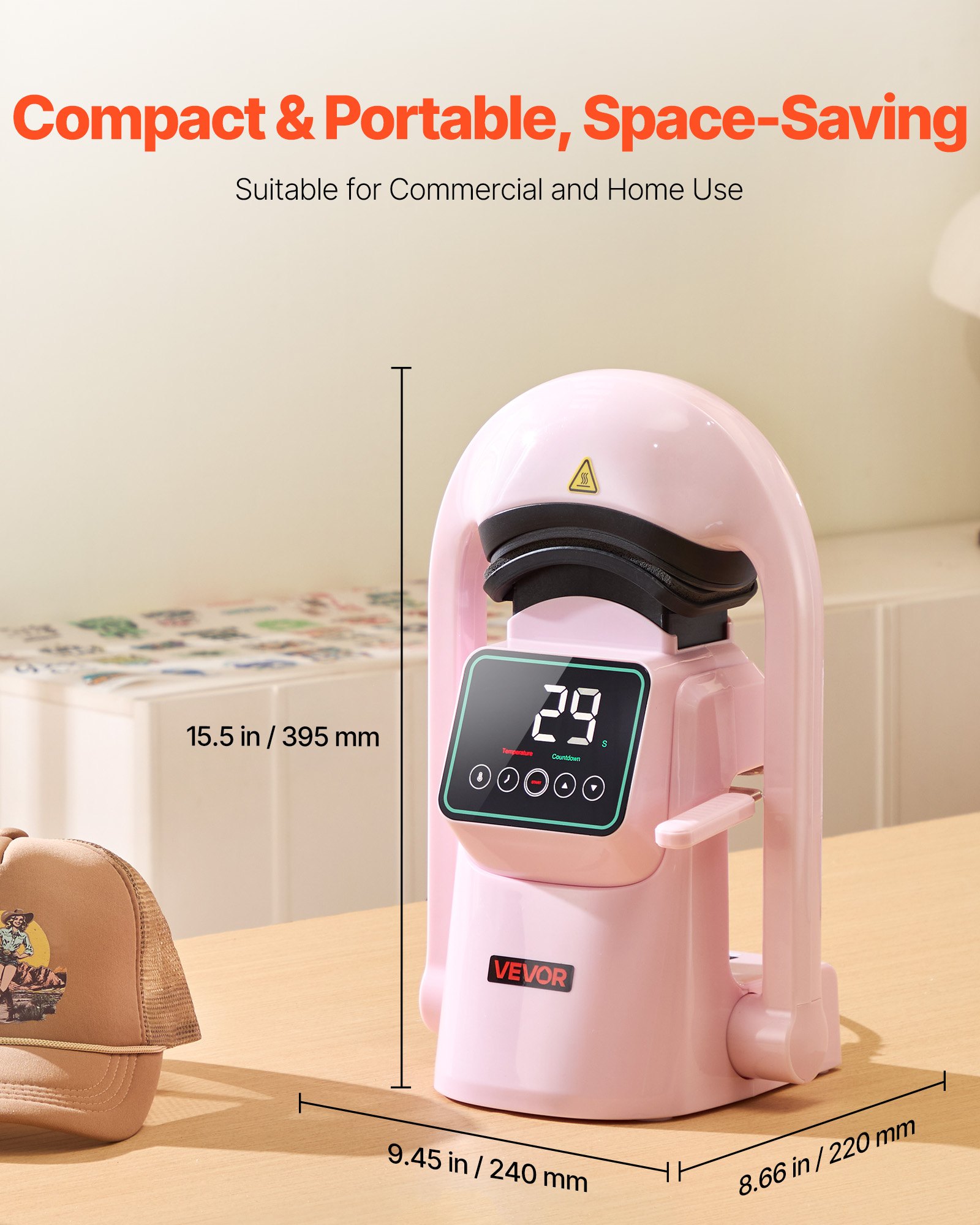 VEVOR Auto Hat Heat Press Machine, with 2pcs Interchangeable Platens, Automatic Open and Release, Touchscreen for Precise Time and Temperature Control, Heat Transfer Printing for Caps, Hats, Pink