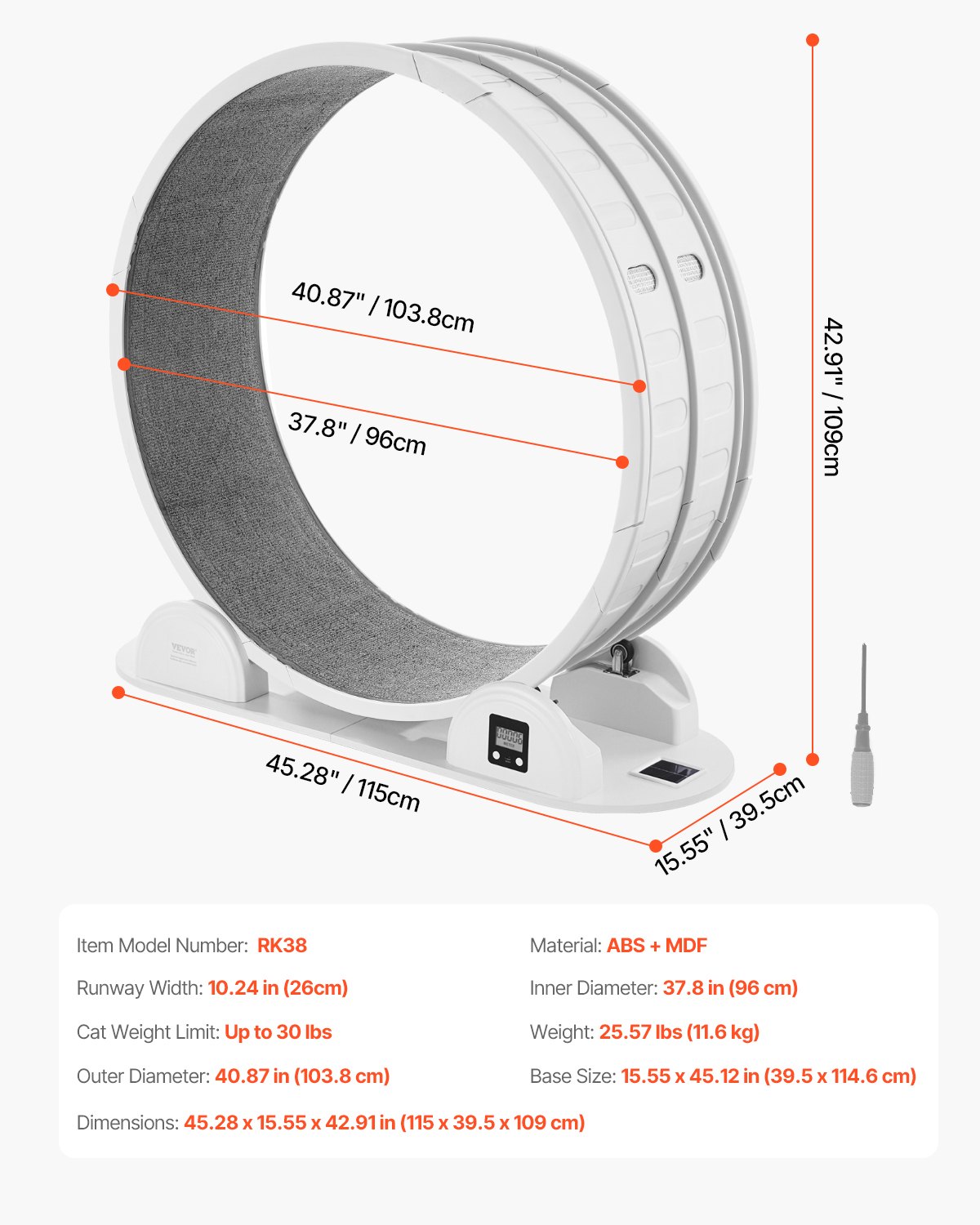 VEVOR Kattenloopwiel, 115 x 39,5 x 109 cm, Kattenloopwiel met rem en tapijt, Kattenloopband voor binnenkatten tot 13,6 kg, Kattentrainer voor de gezondheid en conditie van huisdieren