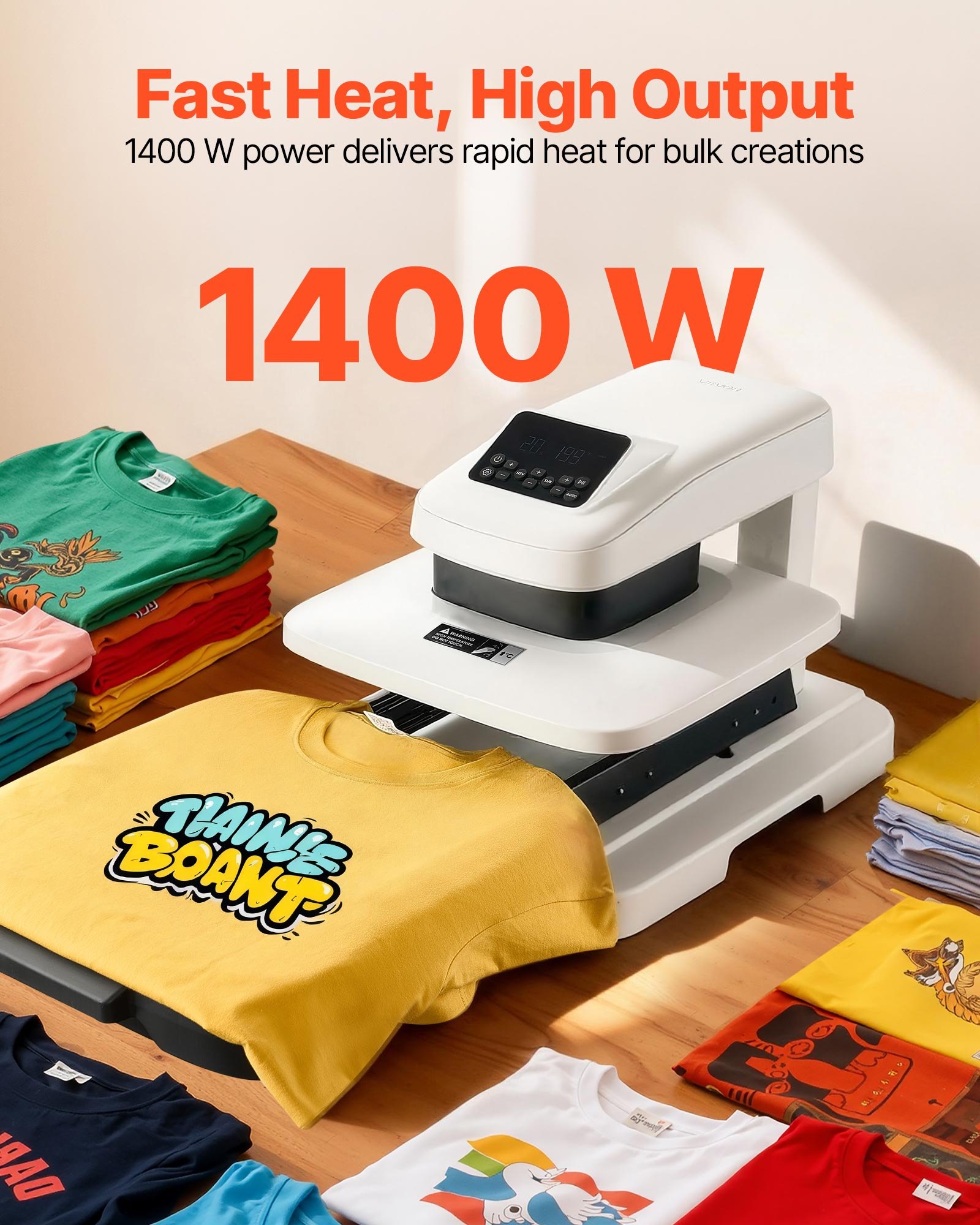 VEVOR 1350W T-shirtpers, 38x38cm, digitaal, wit, sublimatie vinyl warmteoverdrachtsprojecten, automatische lossing, instelbare druk, digitaal display, gelijkmatige verwarming