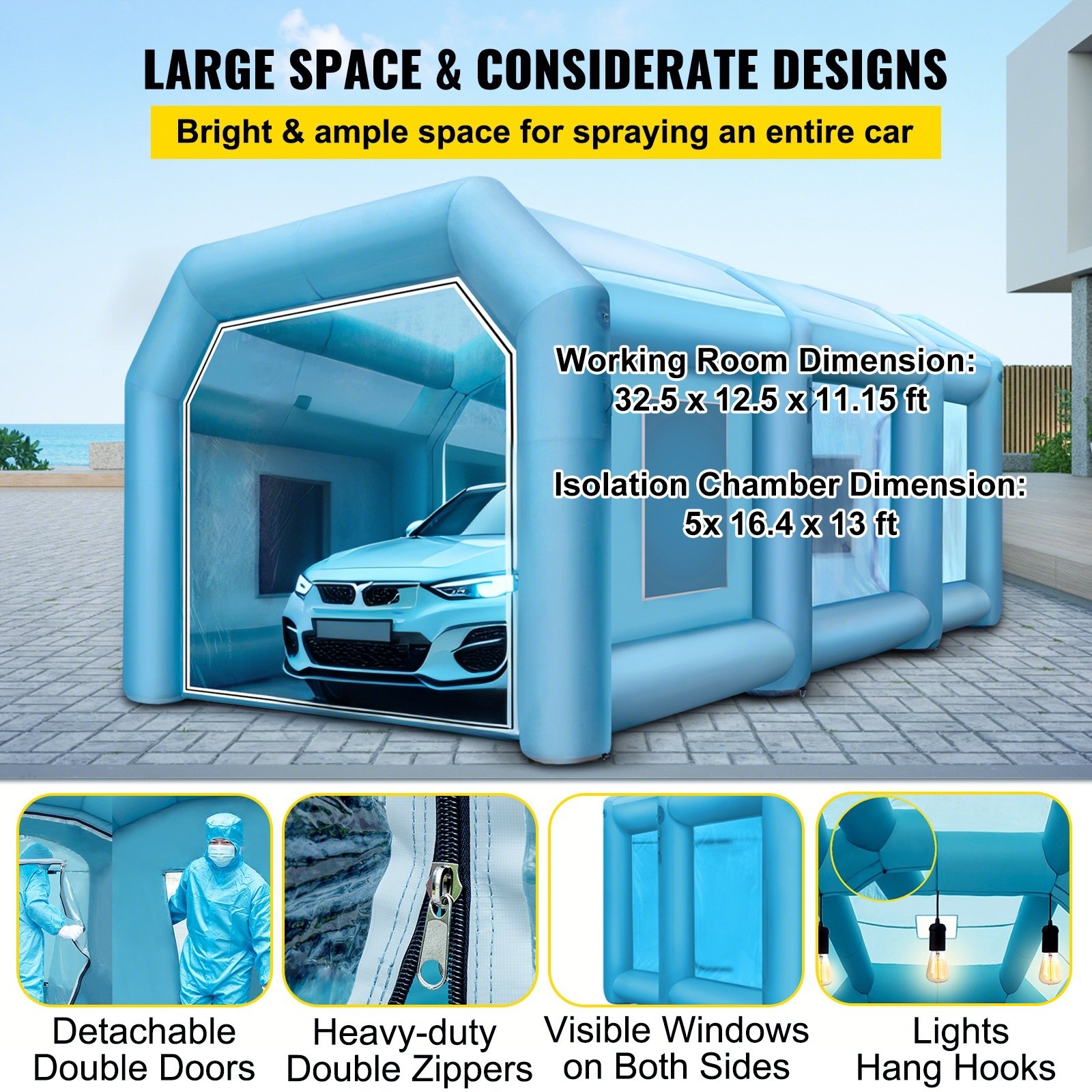 VEVOR Opblaasbare Spuitcabine 12x5x4m Werktent Lakcabine van 210D Oxford-stof 0,4mm PVC met Inflatieventilator en Ventilatieventilator voor het Schilderen van Auto's Kamperen in de Buitenlucht Blauw