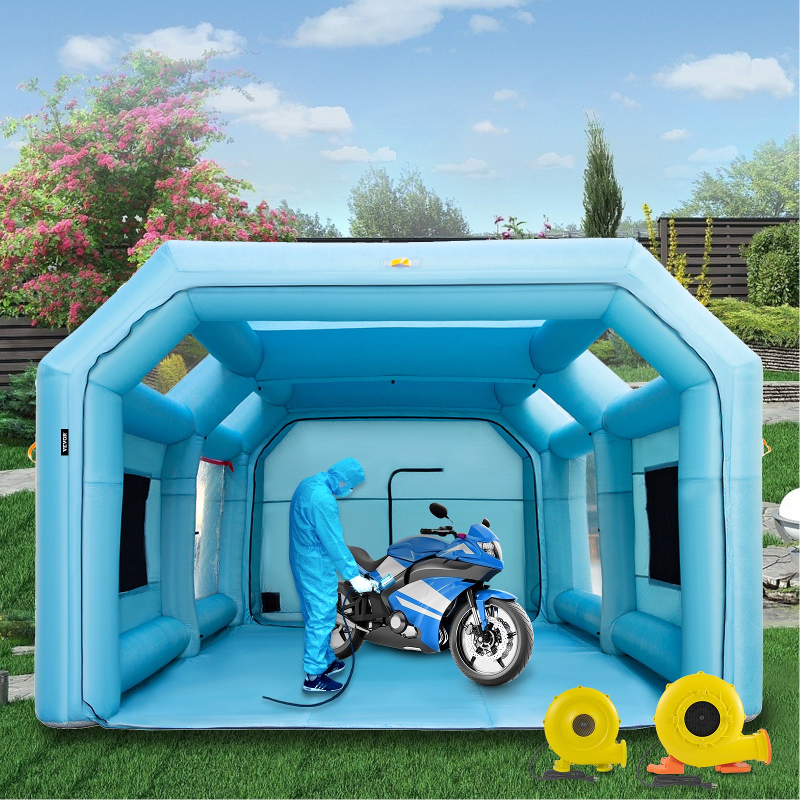 VEVOR Draagbare opblaasbare spuitcabine, 7 x 4 x 2,5 m opblaasbare spuitcabine, autospuittent met luchtfiltersysteem en 2 blazers, verbeterde spuitcabinetent, autospuitwerkplek