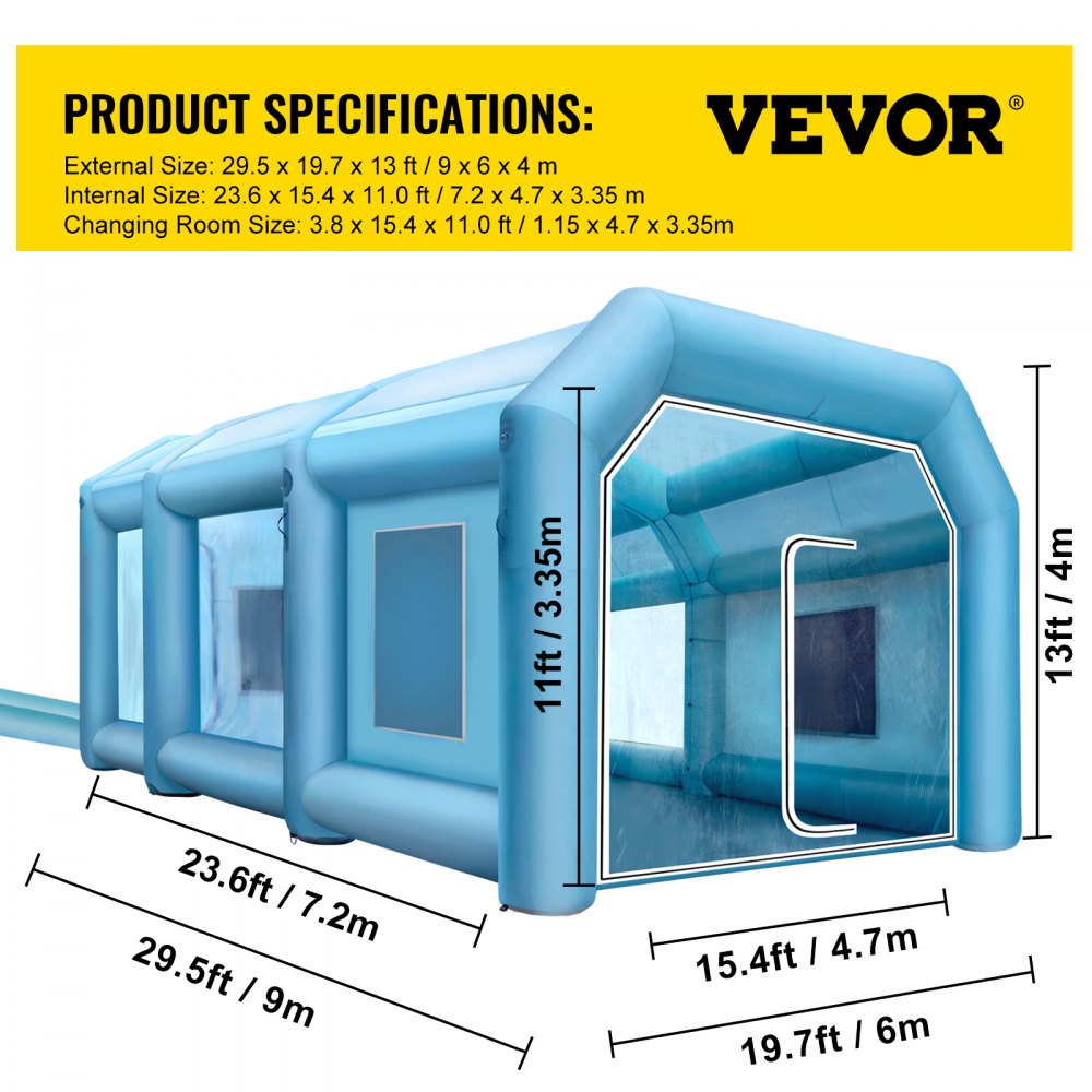 VEVOR Opblaasbare Spuitcabine 9 x 6 x 4 m Spuitcabine, Krachtige Opblaasbare Spuitcabine met Luchtfiltersysteem, Autospuitcabine voor Parkeerplaats Tent Werkplek
