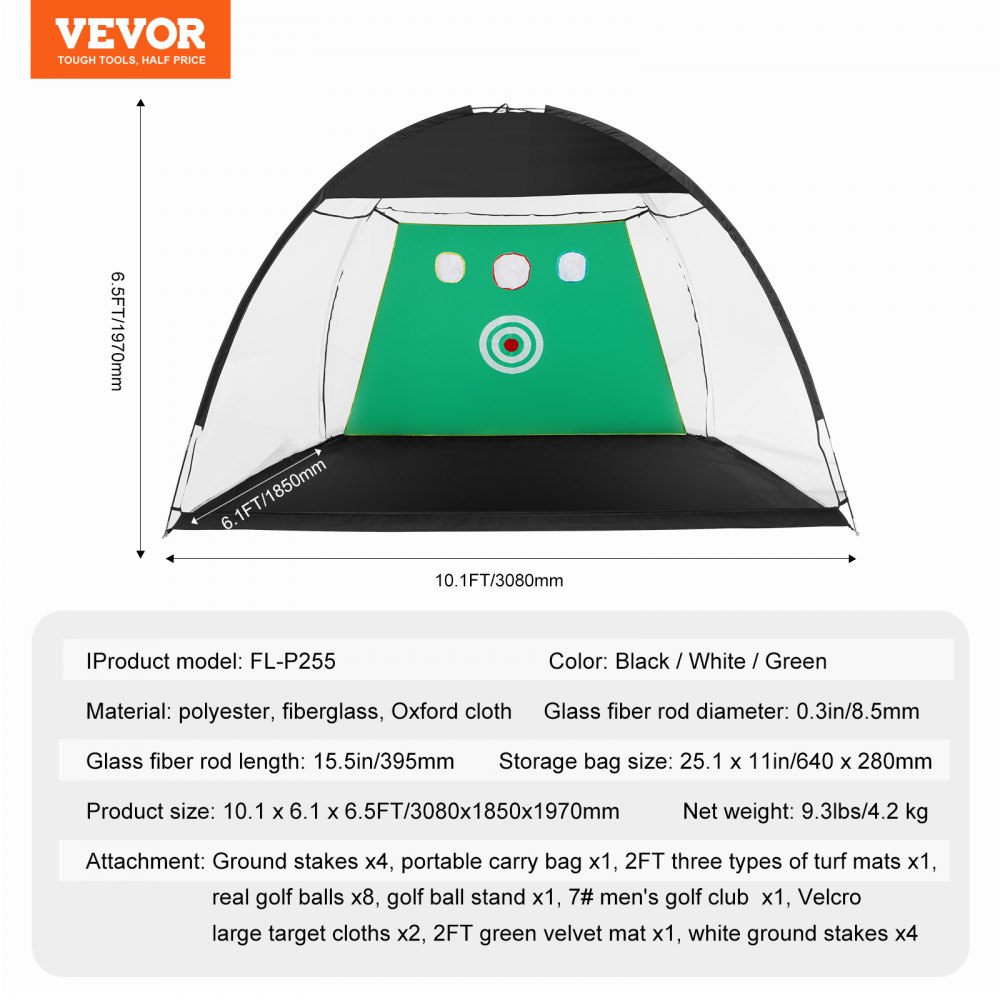 VEVOR Golfnet, 3 x 2,1 m, alles-in-één oefennet, golfswingtraining voor binnen en buiten thuis, golfhulpnet met doel/grasmatten/ballen/tee/golfclubs/tas, voor het slaan en chippen in de achtertuin, cadeau voor mannen