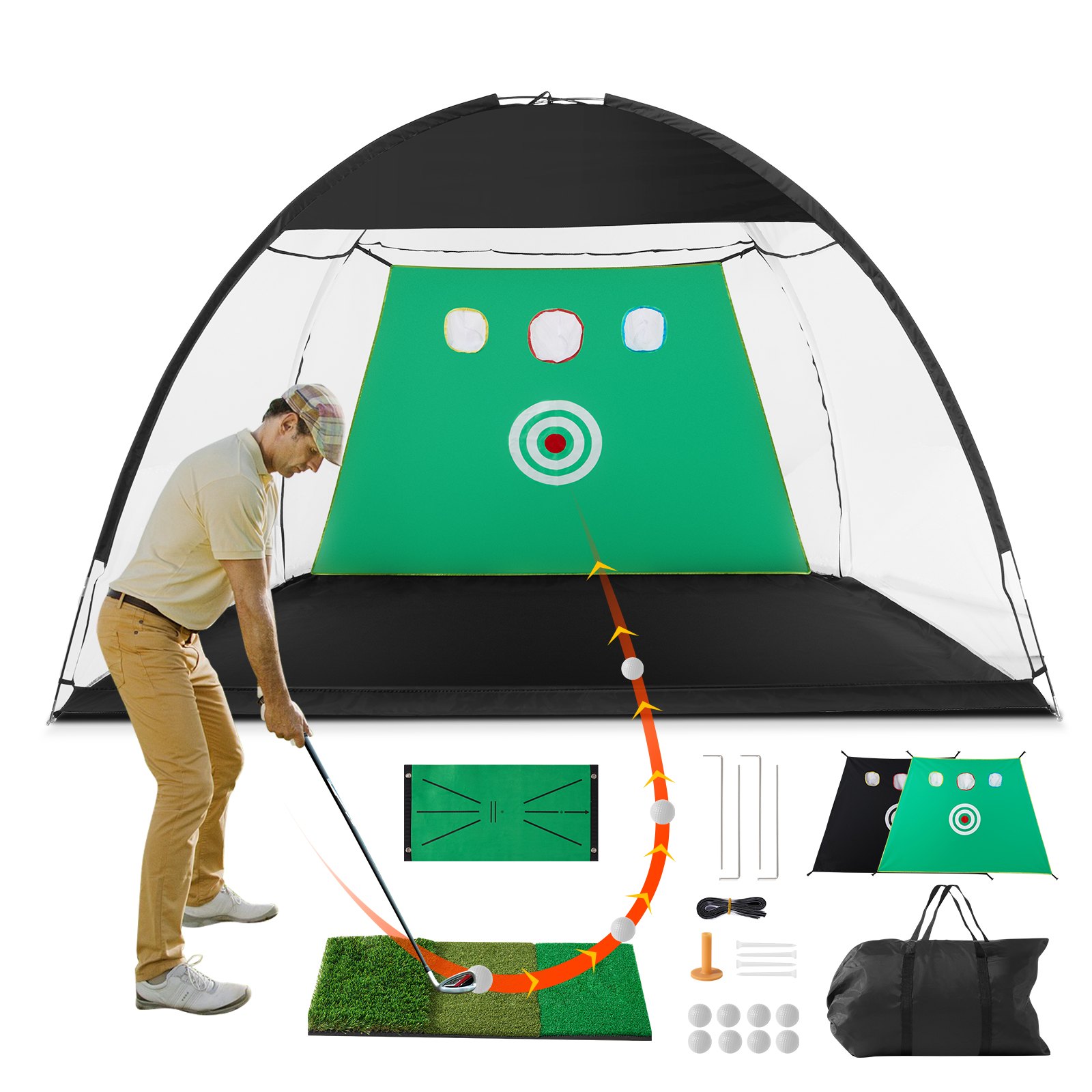 VEVOR Golfnet, 3 x 2,1 m, alles-in-één oefennet, golfswingtraining voor binnen en buiten thuis, golfhulpnet met doel/grasmatten/ballen/tee/golfclubs/tas, voor het slaan en chippen in de achtertuin, cadeau voor mannen