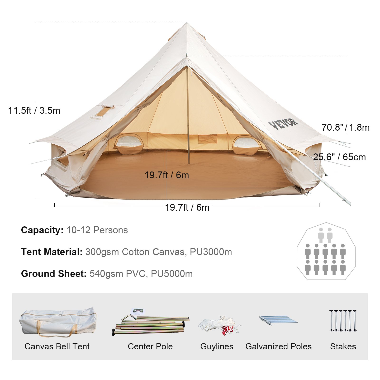 VEVOR 6m Bell Tent Outdoor Glamping Canvas Tent Katoenen Tipi Tent voor Kamperen Waterdicht voor Familie Kamperen Buiten Jagen voor Alle Seizoenen